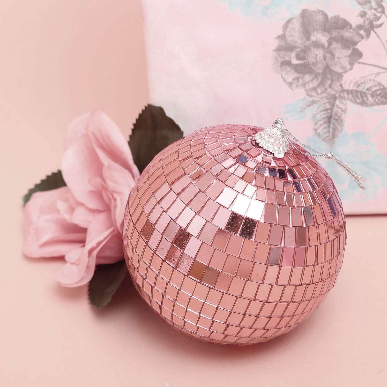 4 Pack 4 Rose Gold Foam Disco Mirror Ball With Hanging Strings, Holiday Christmas Ornaments