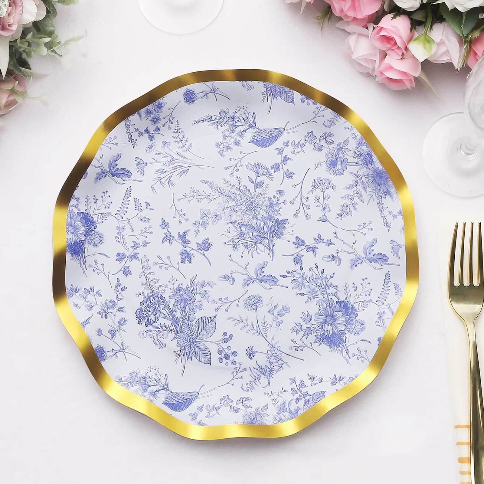 25-Pack Paper Round Dinner Plates 10 in White with Blue French Toile Pattern & Gold Wavy Rim - Disposable 350GSM Party Plates