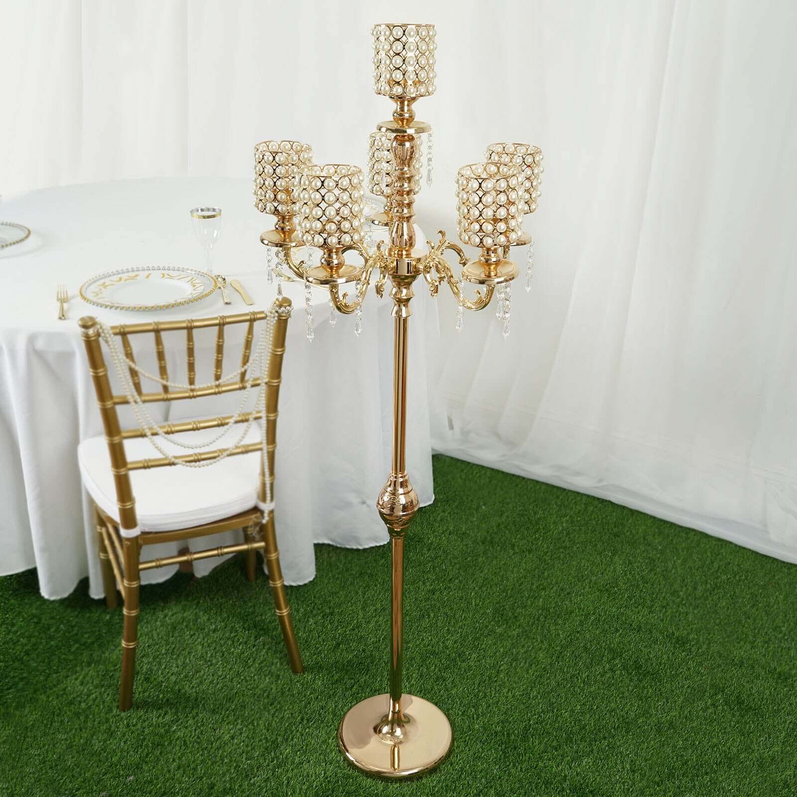 Metal Pearl Beaded Candelabra in Gold 6-Arm - Stylish Table Centerpiece with Crystal Chandelier Pendants