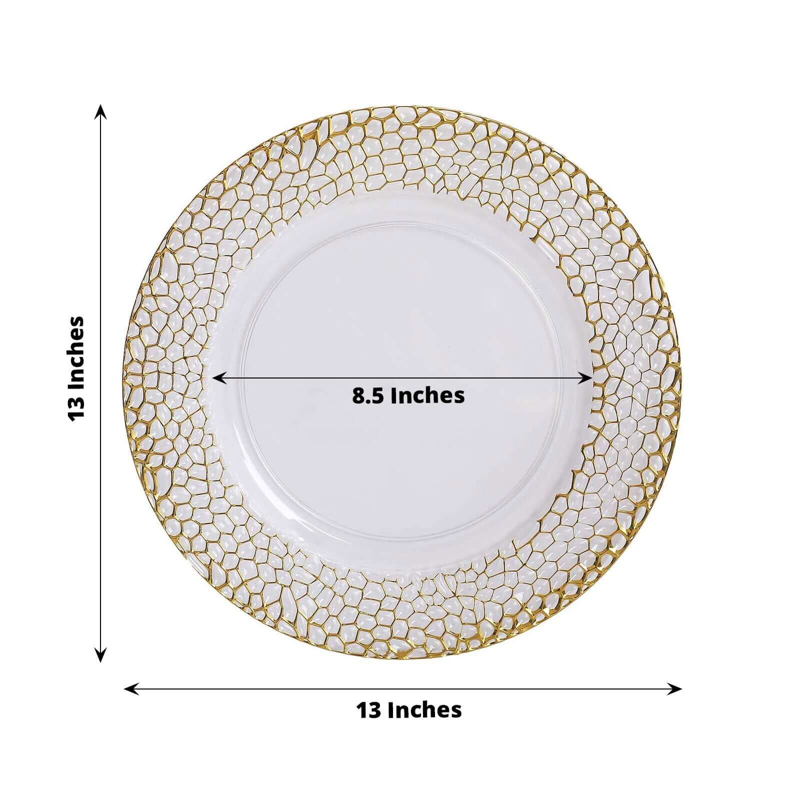 6-Pack Acrylic Round Charger Plates 13 in Clear with Gold Hammered Rim, Decorative Plastic Charger Tableware