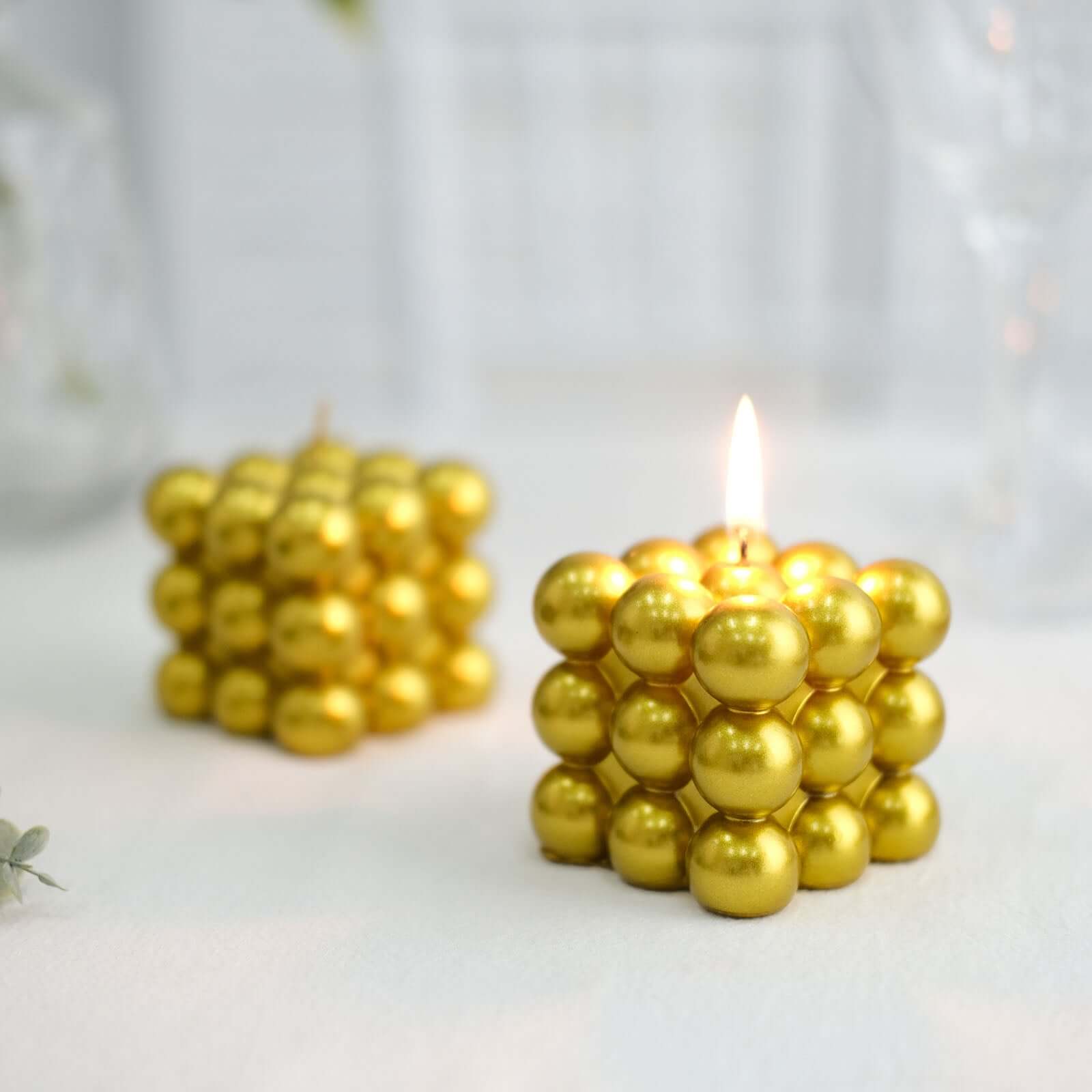 2-Pack Decorative Paraffin Wax Candles Bubble Cube Design Metallic Gold - Unscented Long Burning Pillar Candle Set 2