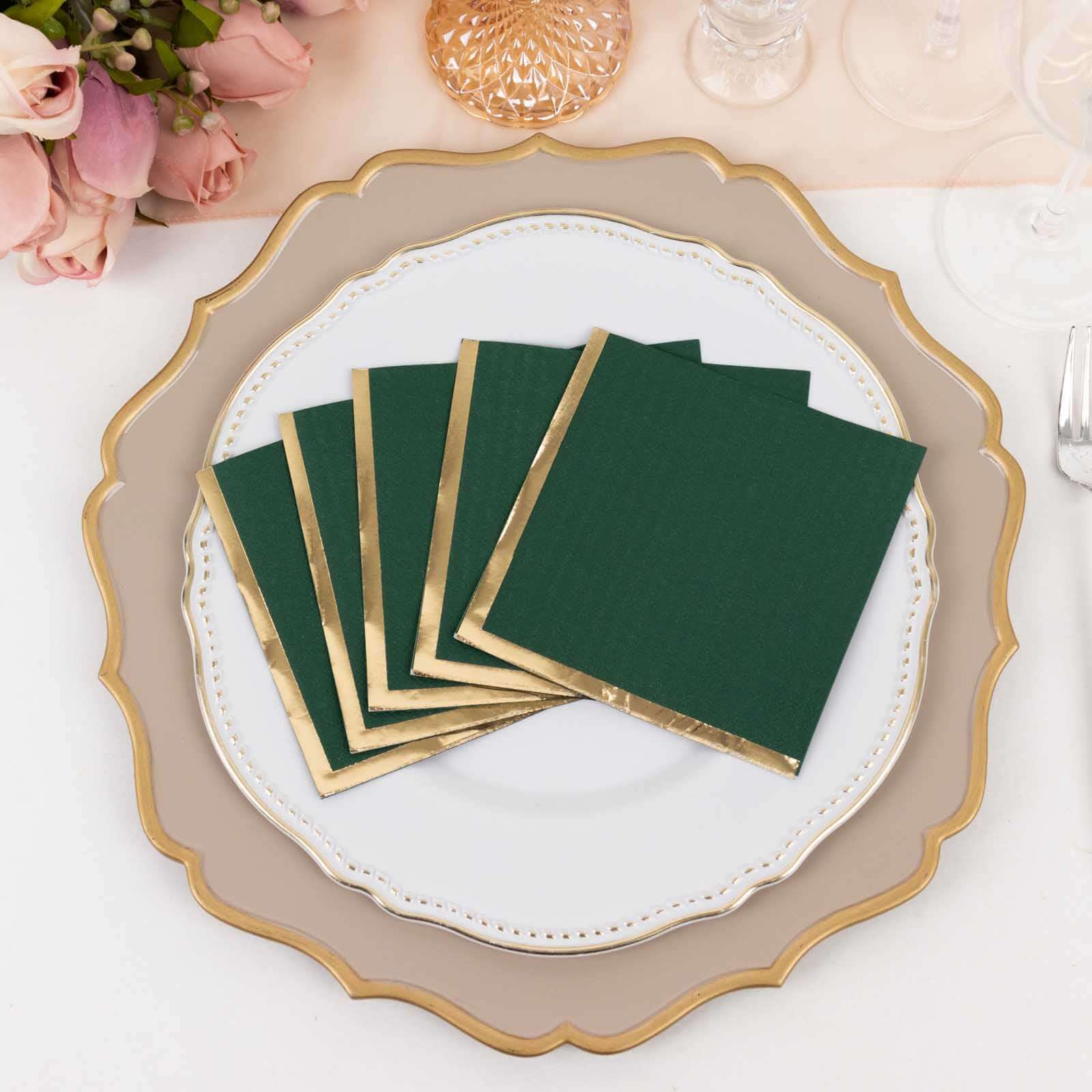 50-Pack Paper Beverage Napkins Hunter Emerald Green with Gold Foil Edge - 2 Ply Disposable Soft 18GSM Cocktail Napkins 5x5