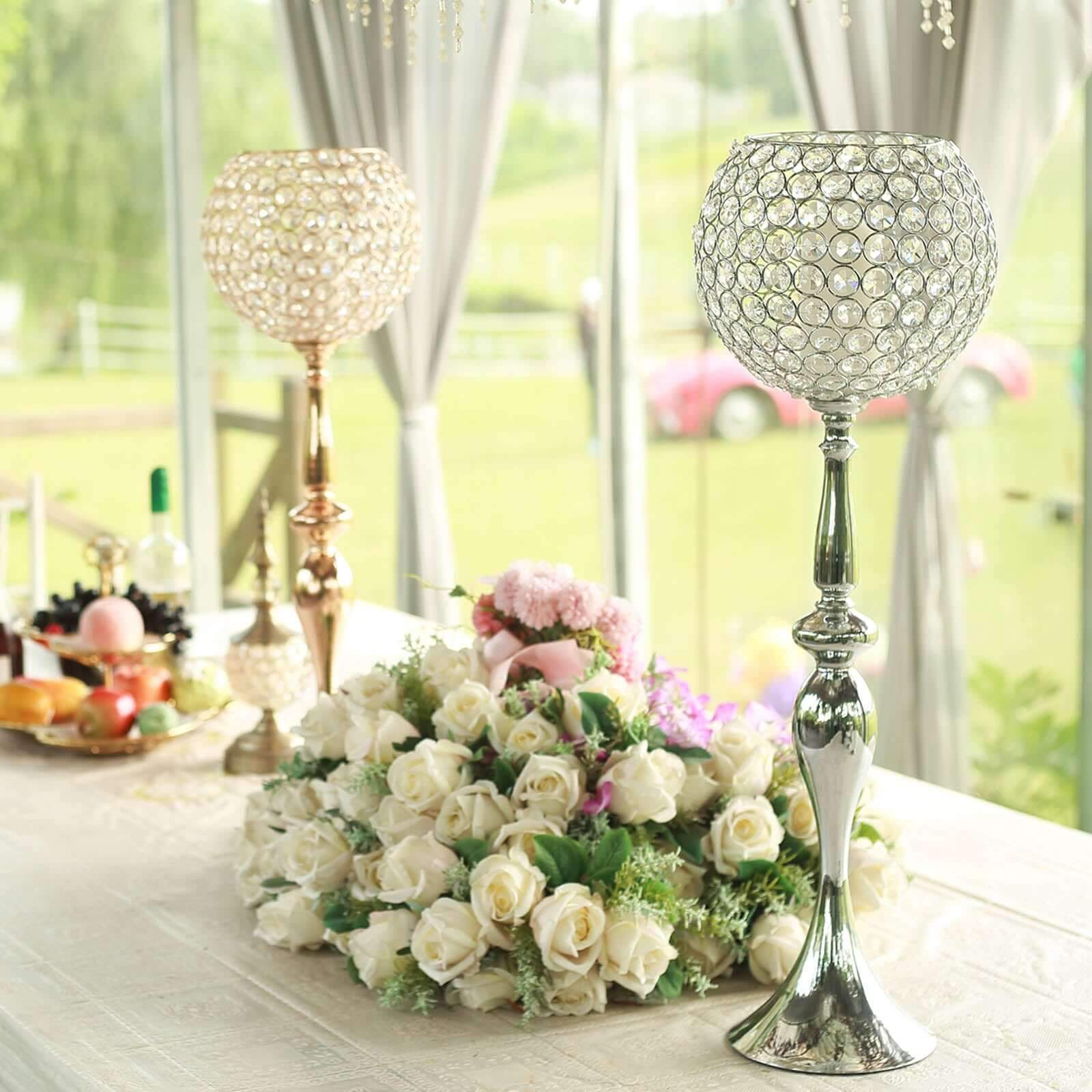 Acrylic Crystal Beaded Goblet Candle Holder Silver - Exquisite Flower Ball Centerpiece Stand for High-End Event Styling 30