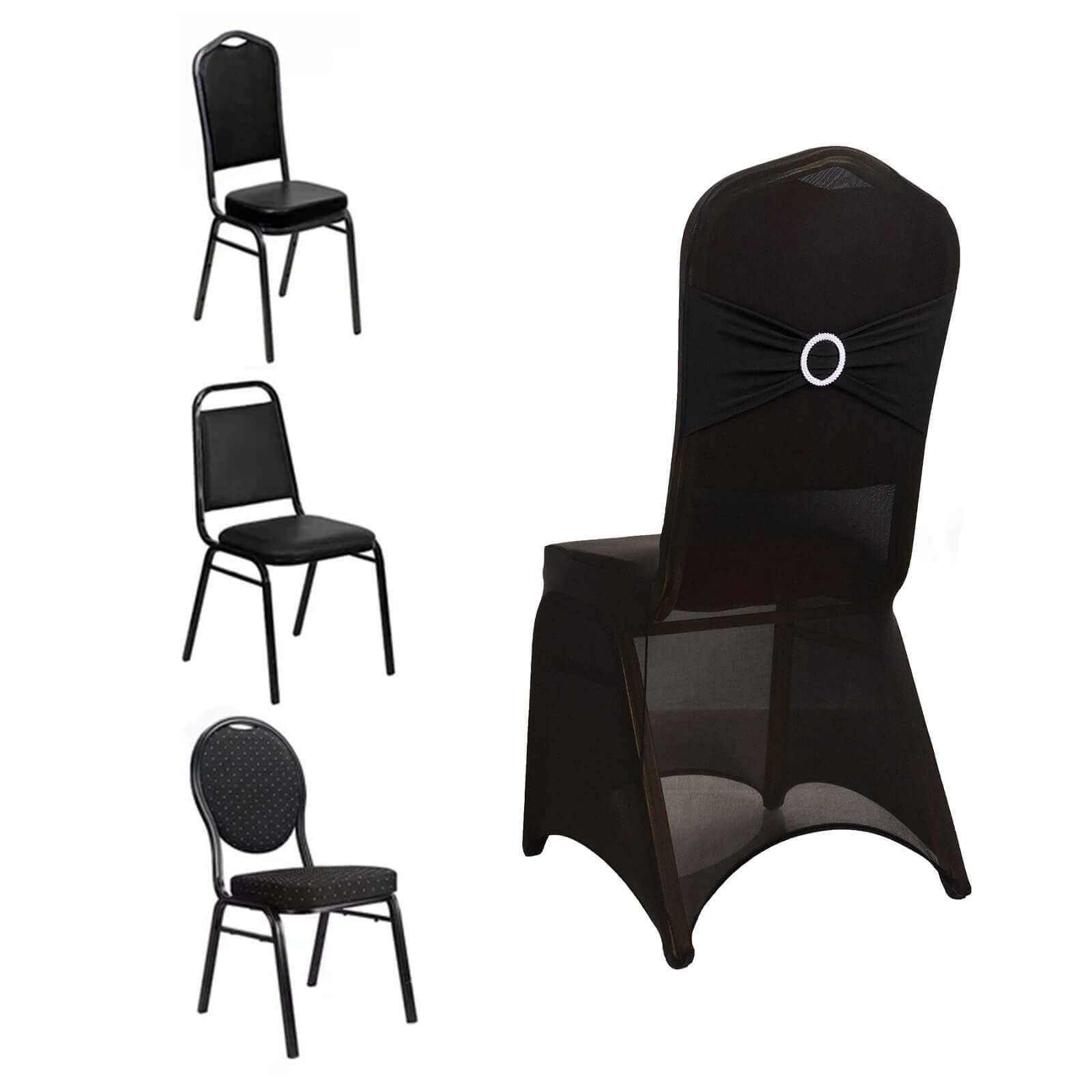 Spandex Chair Cover with Black Rhinestone Buckled Sash Band Blush - Stylish Stretch Fitted Slipcover for Banquets & Events