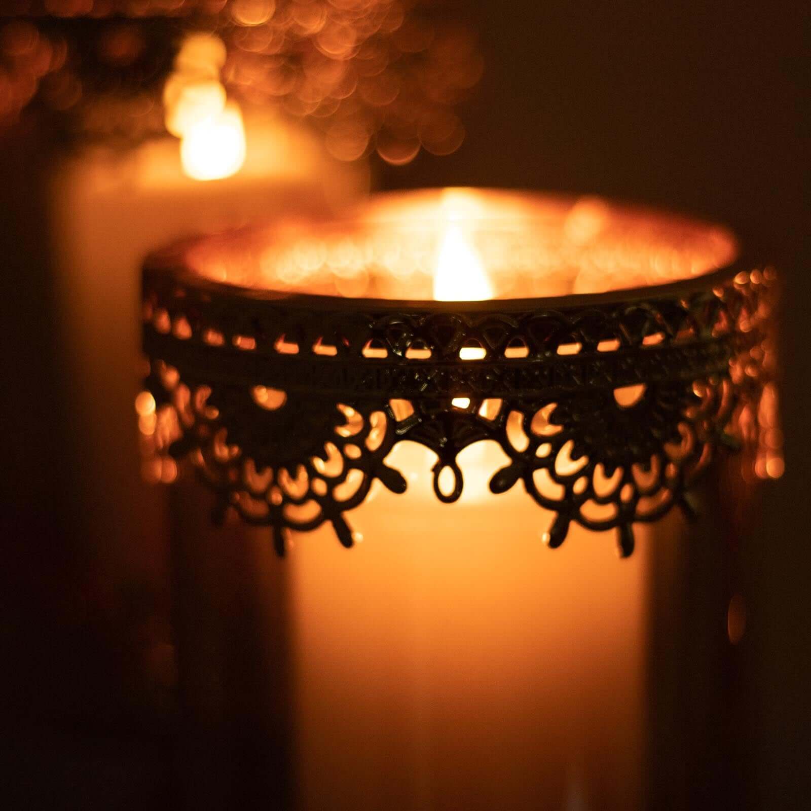 Set of 3 Lace Votive Candle Stands Antique Gold with Hurricane Glass Shades - Refined Pillar Candle Holders 13, 15, 17