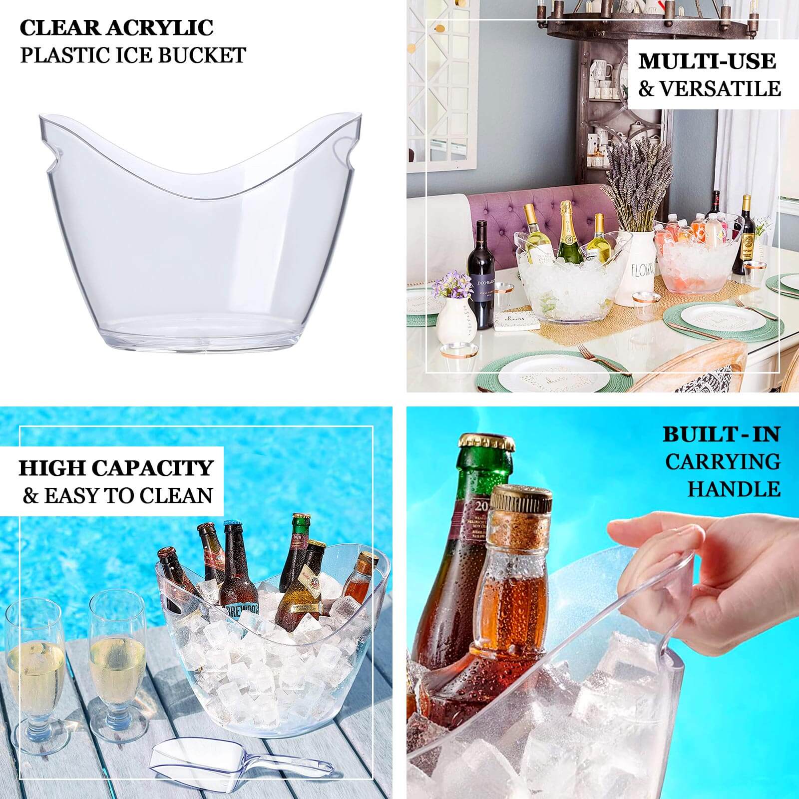 Plastic Ice and Drinks Bucket Clear - Large Capacity Modern Boat Shaped Party Beverage Cooler Storage Tub With Comfortable Handles for Indoor & Outdoor Gatherings 7 Liter