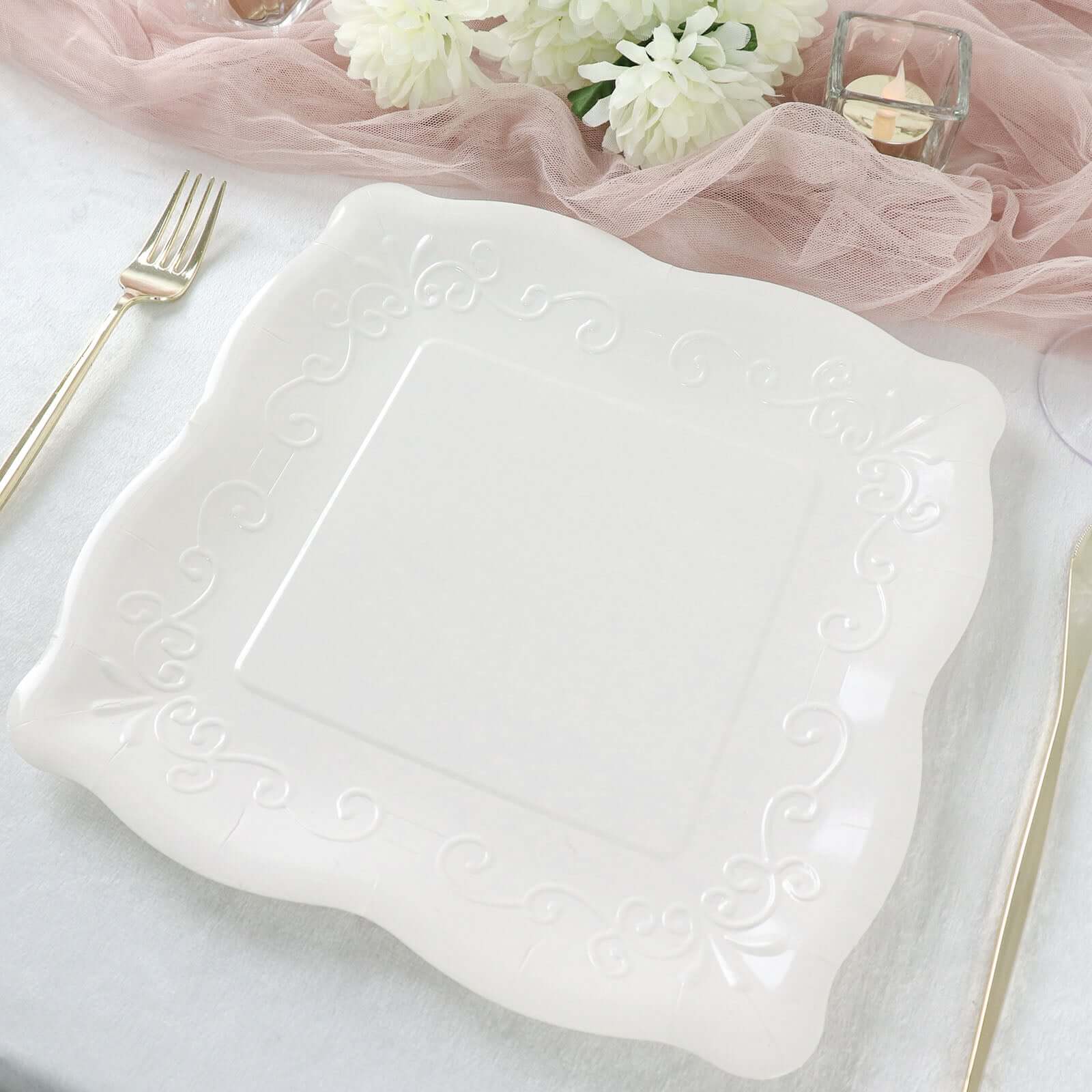 25-Pack Paper 11 Square Dinner Plates in White with Vintage Pottery Embossed Design - Shiny Disposable Serving Plates