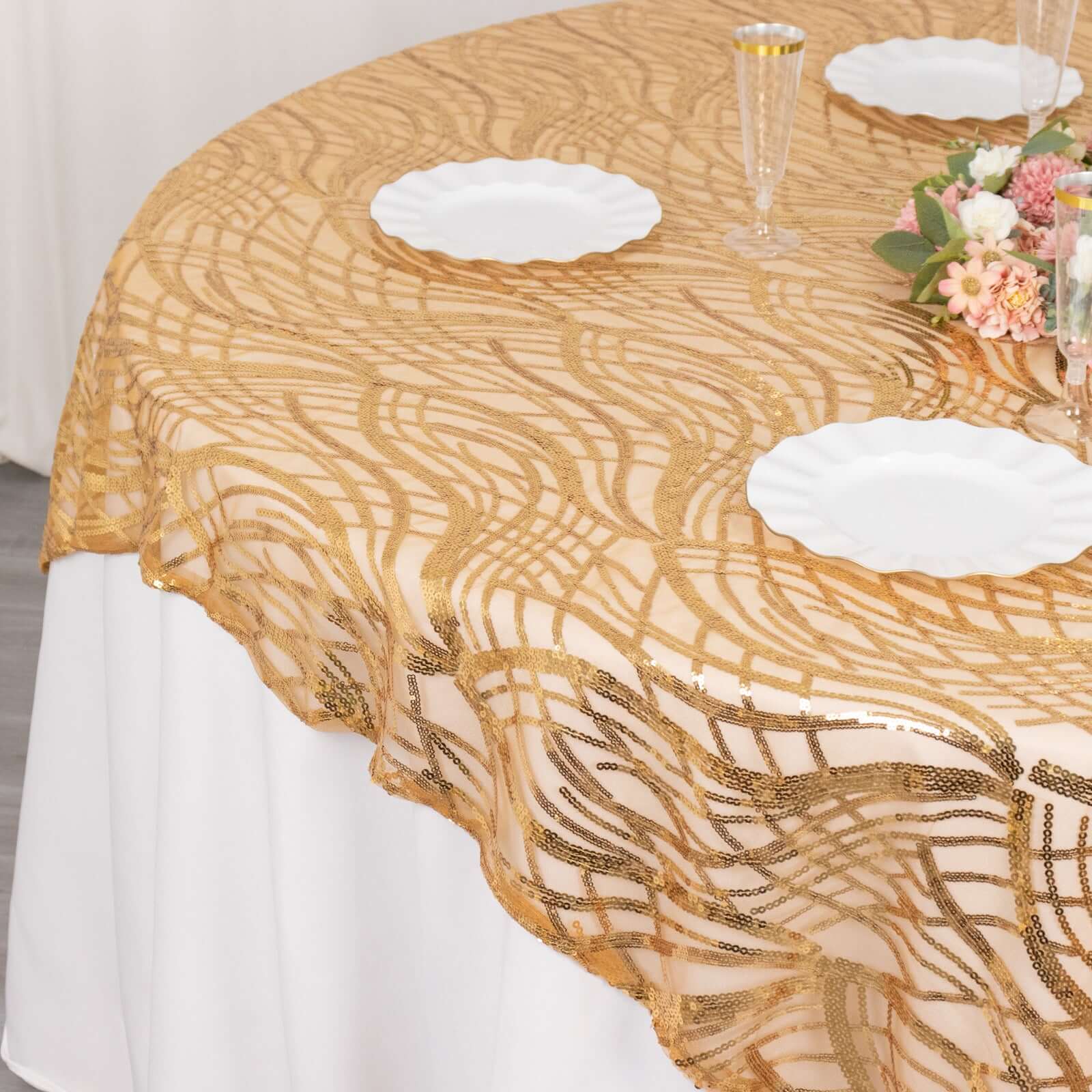 Mesh 72x72 Table Overlay Square Tablecloth Gold Wave Design with Embroidered Sequins for Stylish Occasions