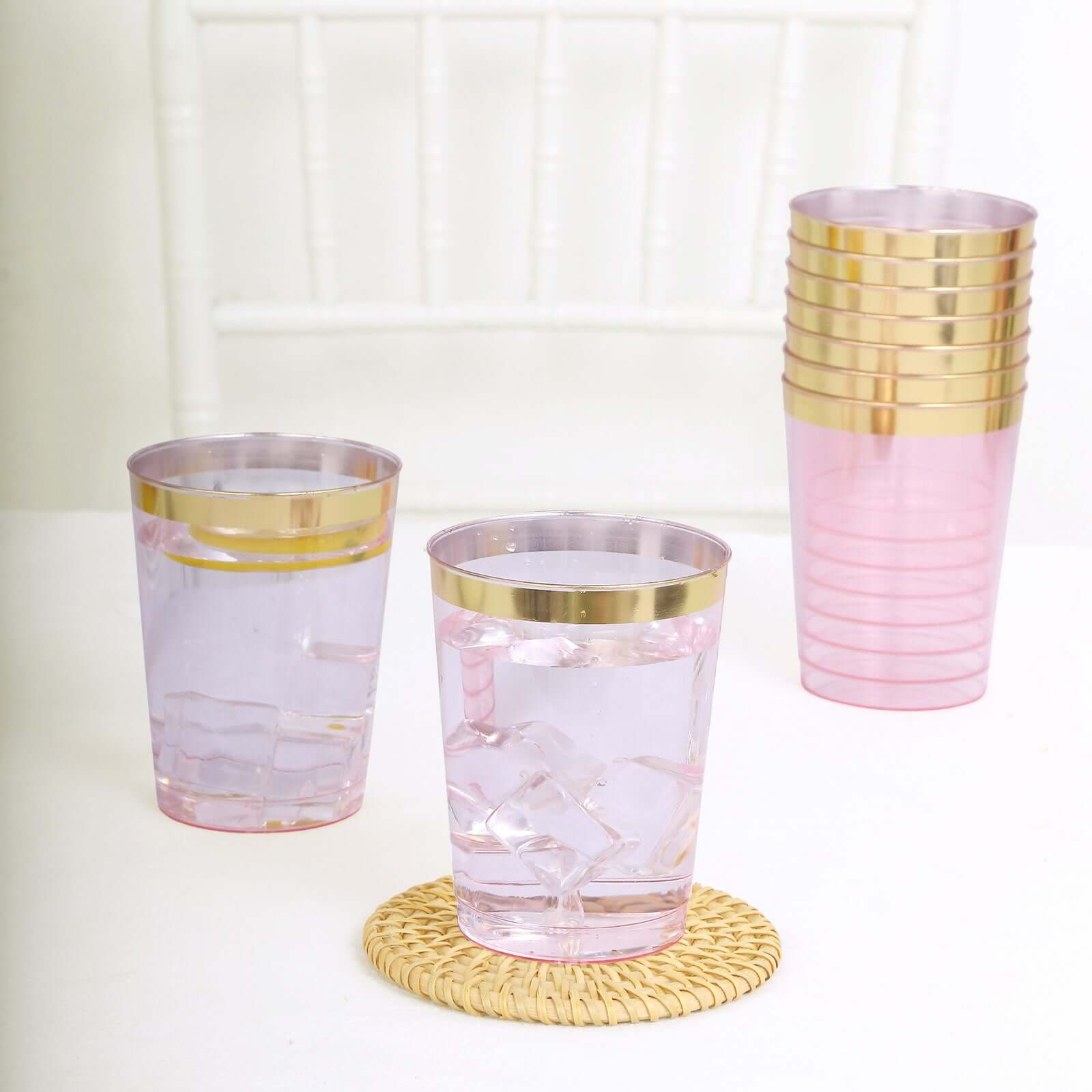 25-Pack Plastic Tumbler Cups Transparent Blush with Gold Rim - Stylish Disposable Party Glasses 10oz