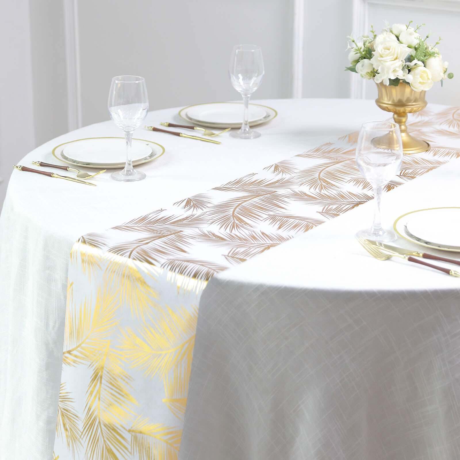 Disposable Table Runner Roll 108 Metallic Gold Foil Palm Leaves Print - Chic Non-Woven Tropical Table Decor for Events