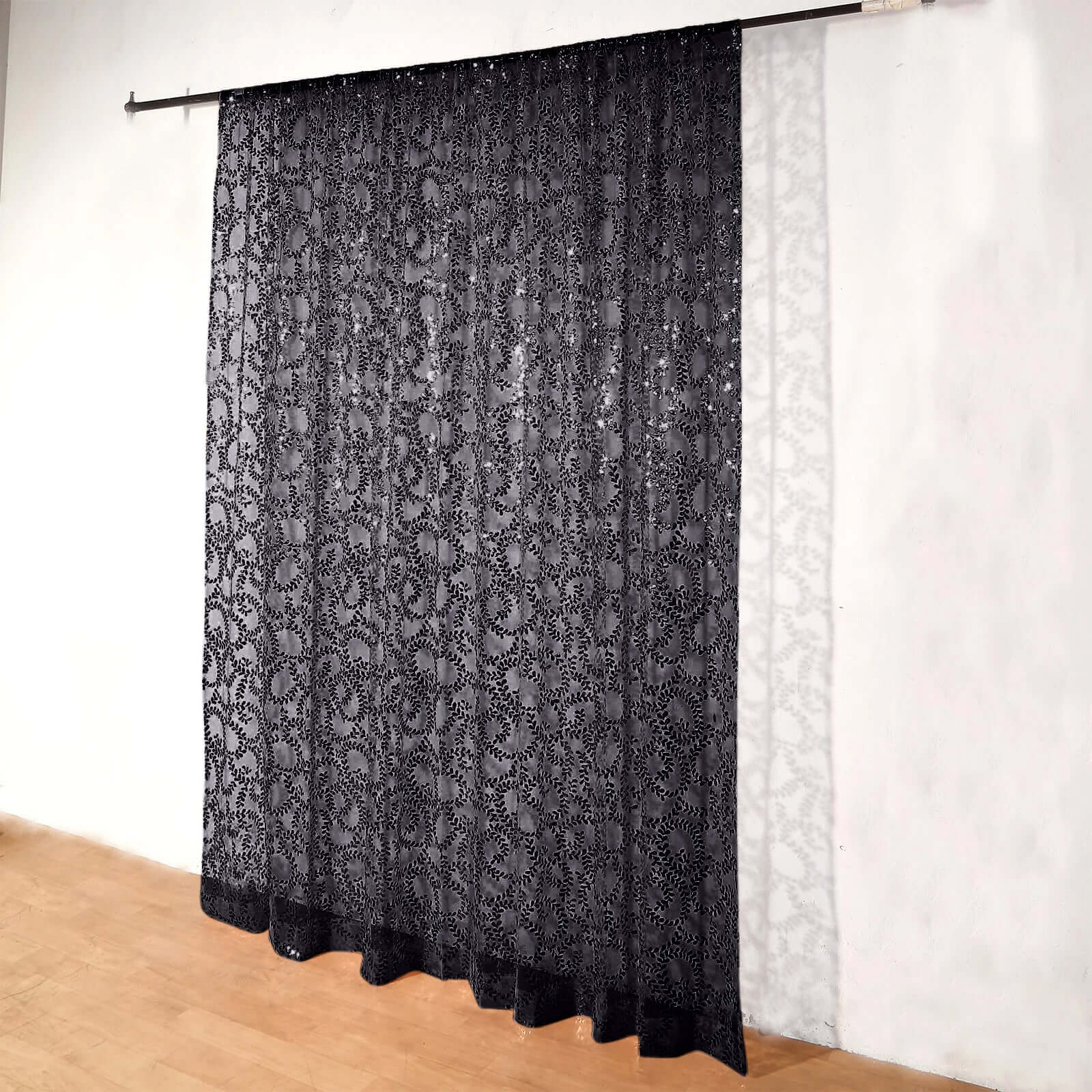 8ftx8ft Black Embroider Sequin Event Curtain Drapes, Sparkly Sheer Backdrop Event Panel With Embroidery Leaf