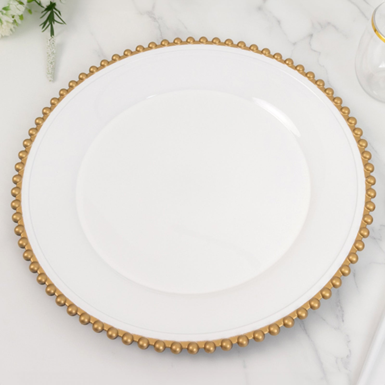 6-Pack Acrylic Round Charger Plates 13 in White with Gold Beaded Rim, Decorative Dinner Party Charger Tableware