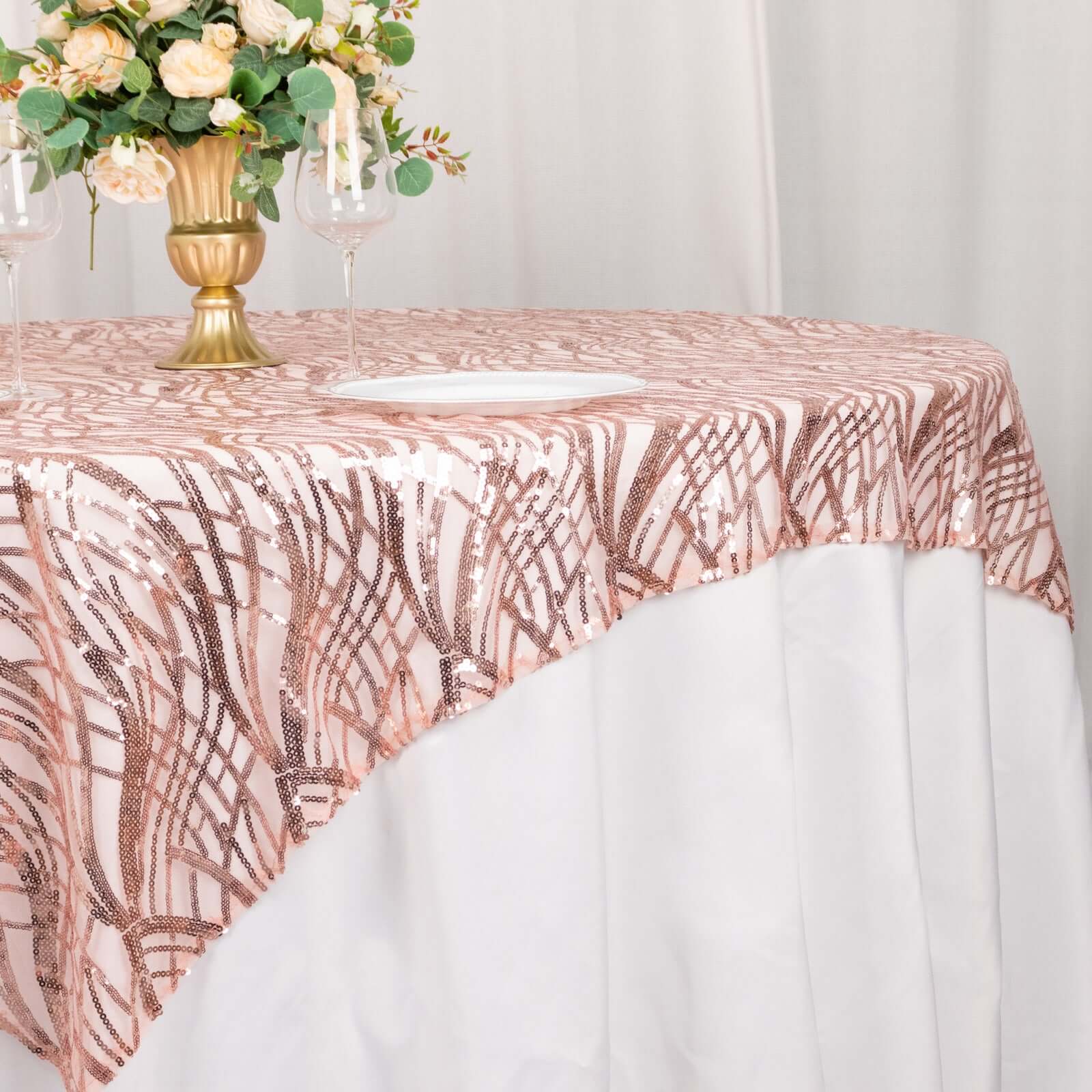 Mesh 72x72 Table Overlay Square Tablecloth Blush - Wave Embroidered Sequins Table Topper