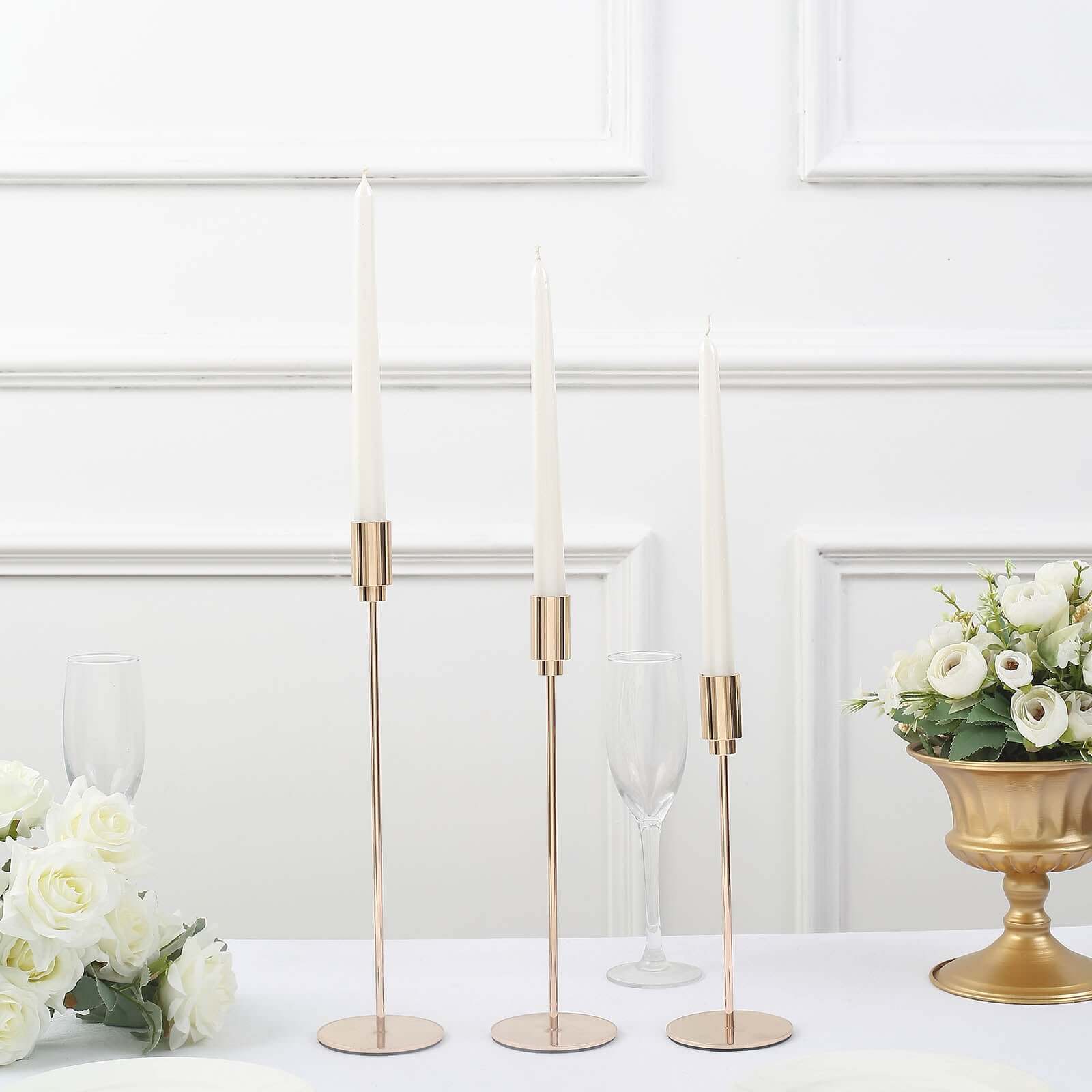 Set of 3 Taper Candle Stands Gold Metal Decorative Round Base Design - Wedding Table Accents 9, 10, 13