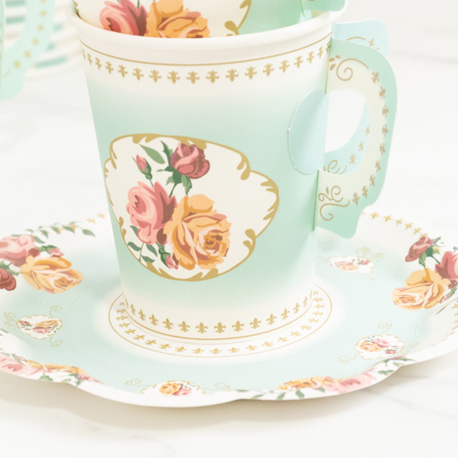 Set of 25 Paper Cups and Saucers in Turquoise with Rose Floral Print - Vintage Inspired Disposable Tea Party Decorations