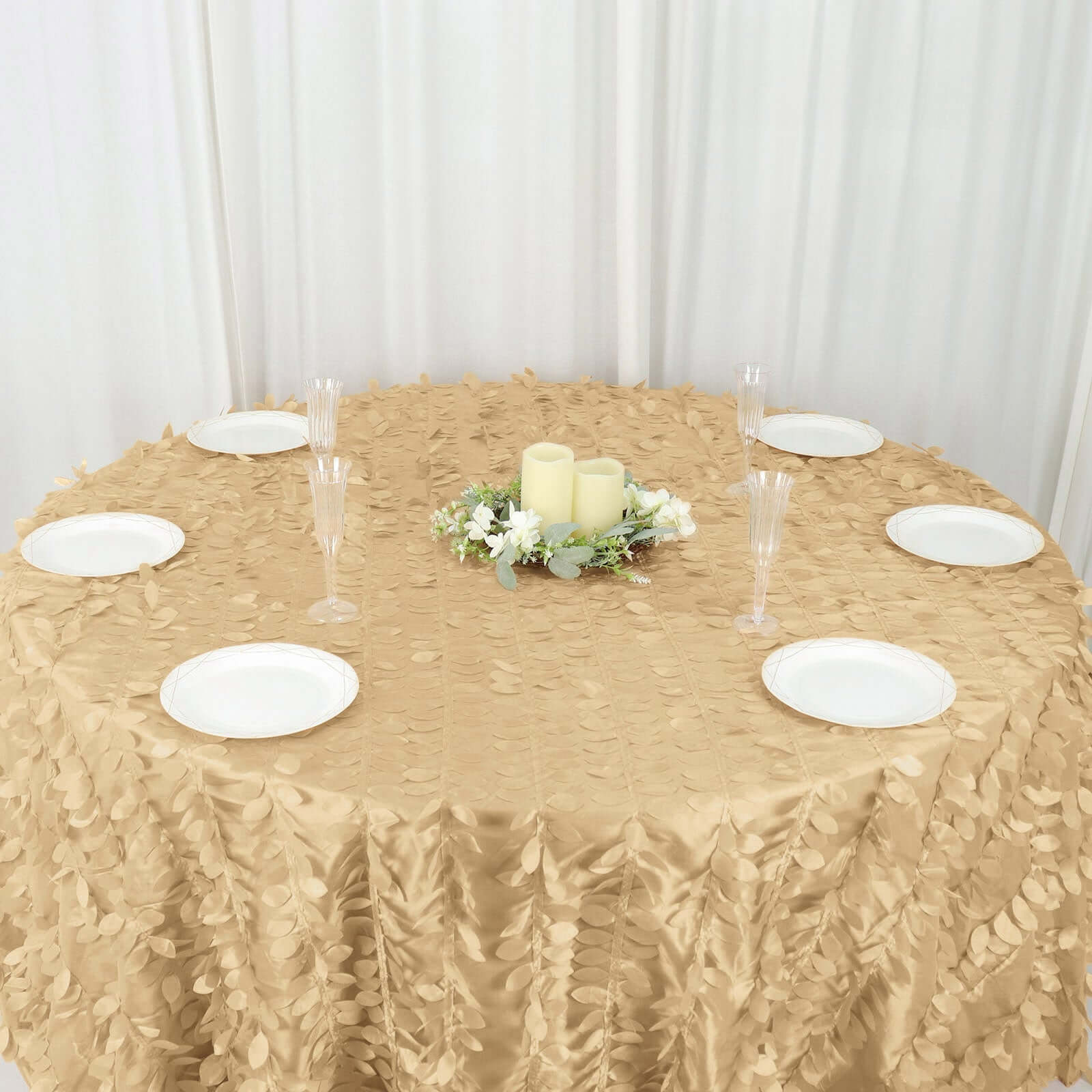 Taffeta 132 Round Tablecloth Champagne Leaf | 3D Leaf Petal Design Seamless Table Cover