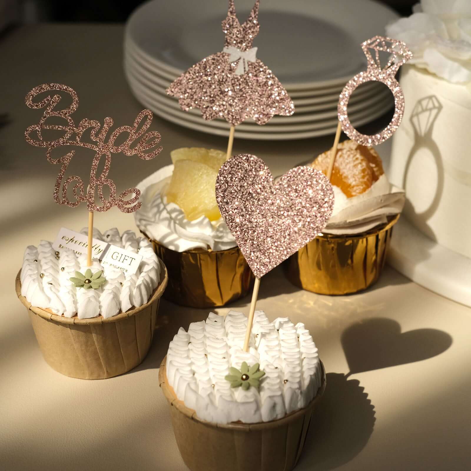 24-Pack Cupcake Topper Picks Bridal Shower Design Rose Gold Glitter - Wedding Cake Decoration Supplies Assorted Styles