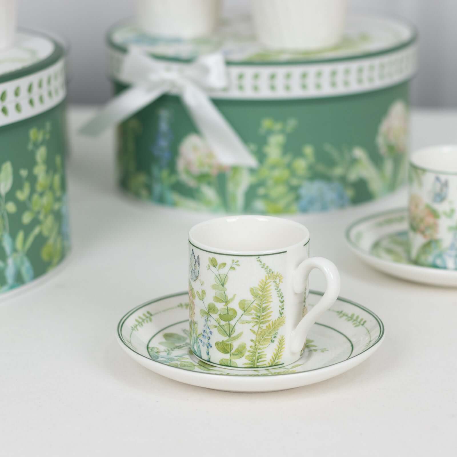 Greenery Theme Bridal Shower Gift Set, Set of 2 Porcelain Espresso Cups and Saucers with Matching Keepsake Box