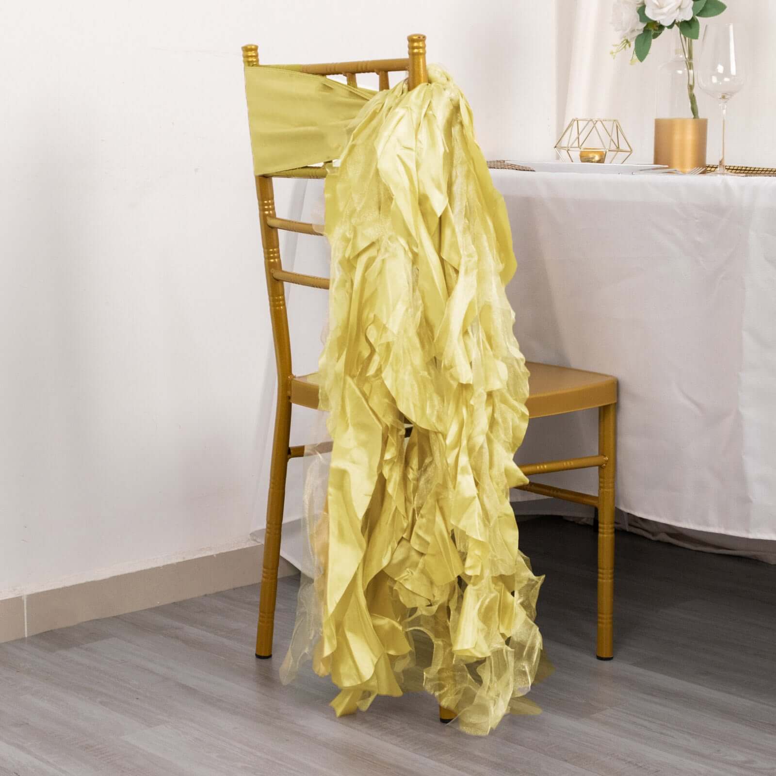 5 Pack Chiffon Satin Chair Sashes Champagne - Easy to Install Ruffled Curly Willow