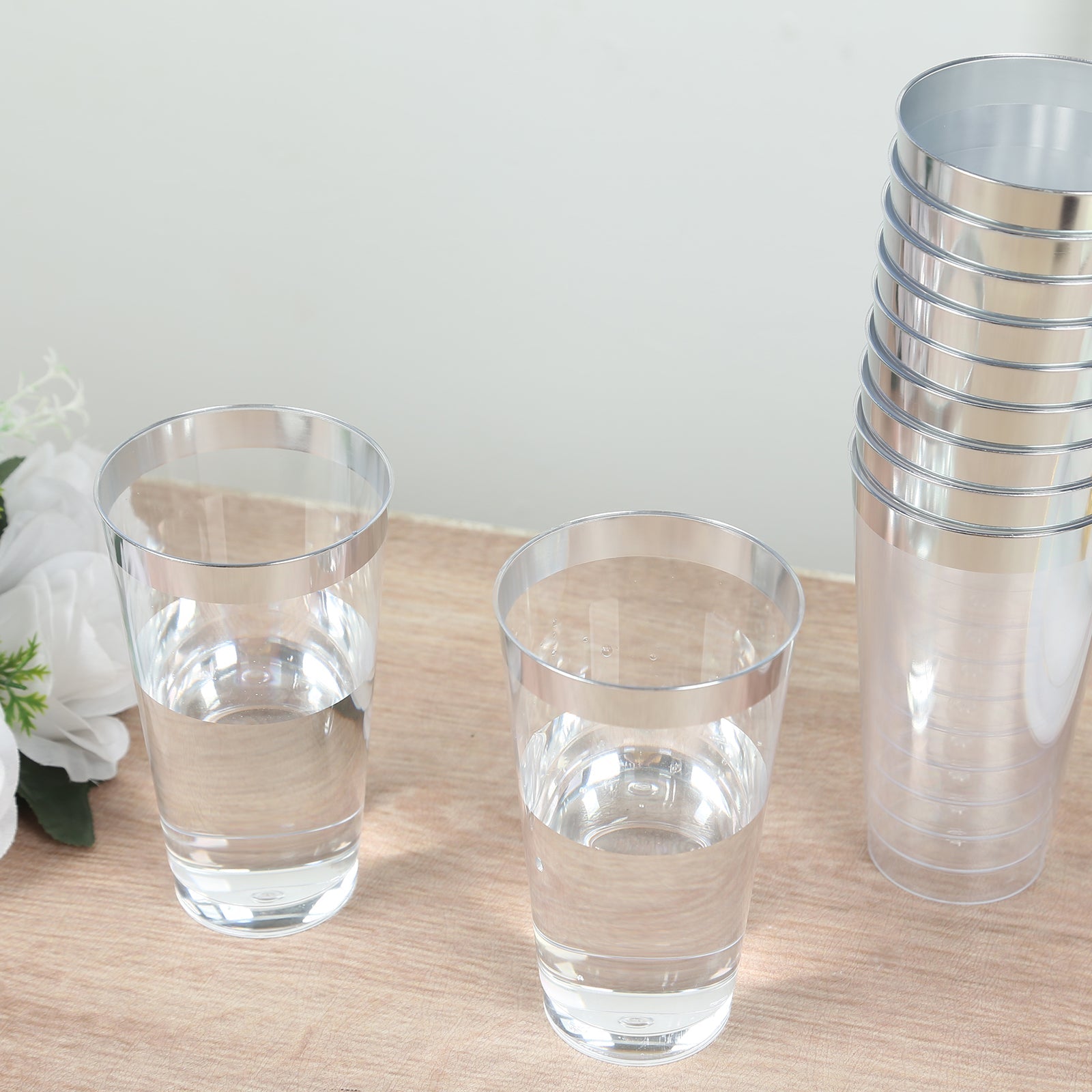 12-Pack Plastic Party Cups Clear with Silver Rim - Durable Disposable Tumblers for Drinks 17oz 5.5