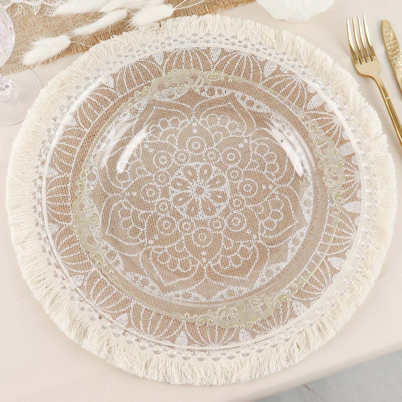 4-Pack Placemats Mandala Print Fringe Design Natural Jute and White Round - Rustic Burlap Tassel Style 15