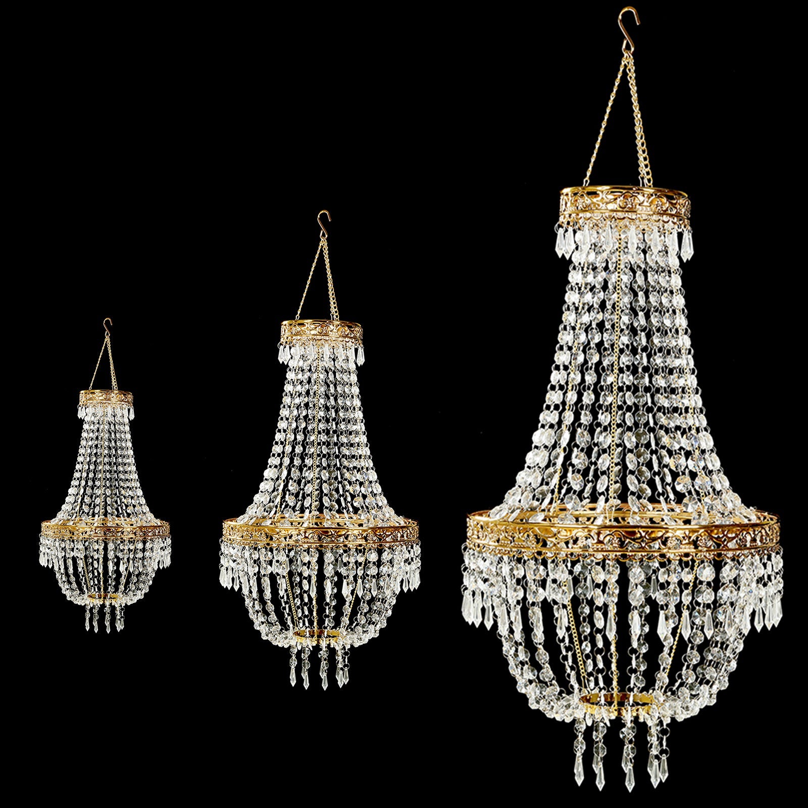 3ft Empire Style Beaded Crystal Chandelier with Gold Ornate Metal Frame, Adjustable Hanging Farmhouse Pendant Ceiling Lighting