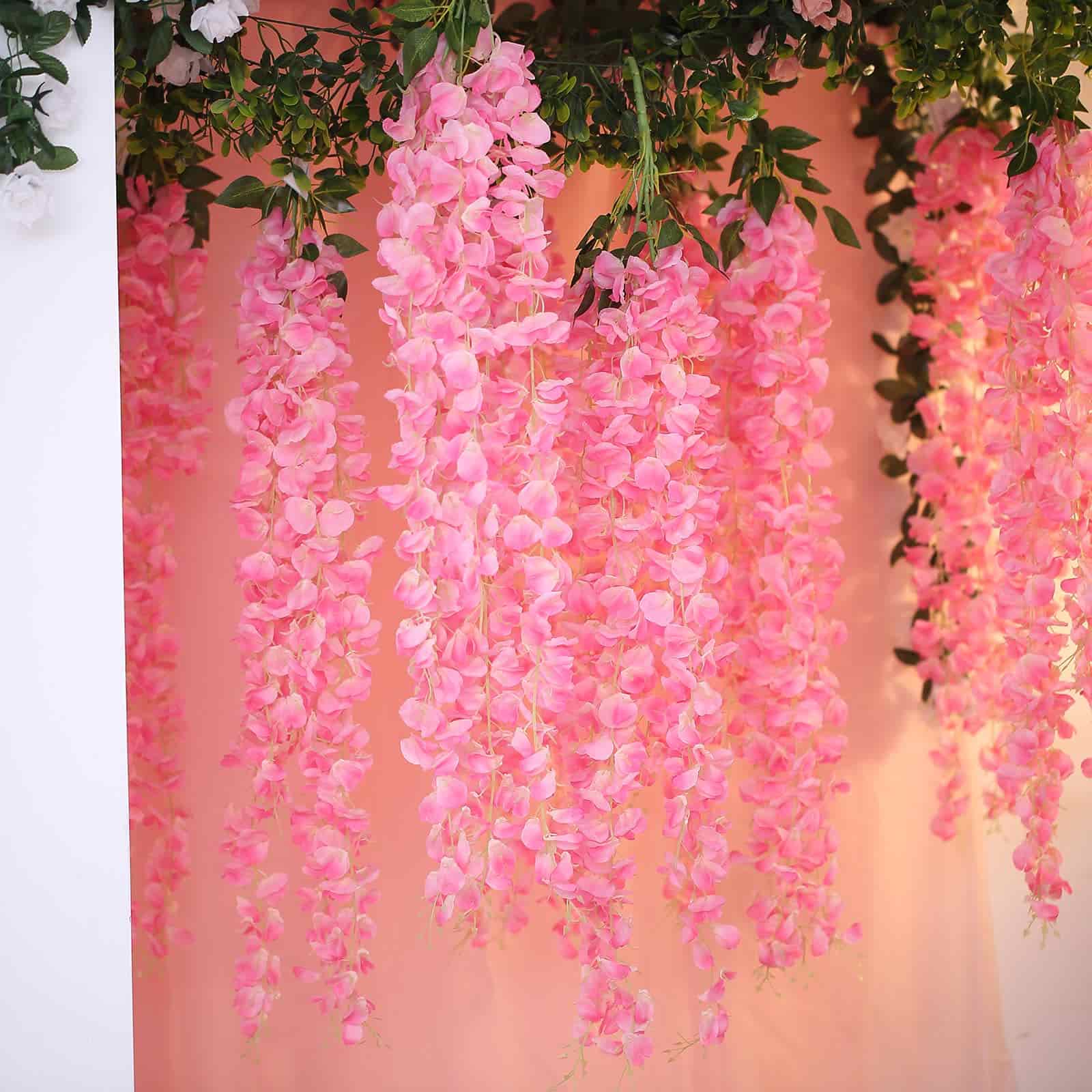 42 Silk Hanging Wisteria Flower Garland Vines in Pink, Elaborated 5 Full Strands in 1 Bush