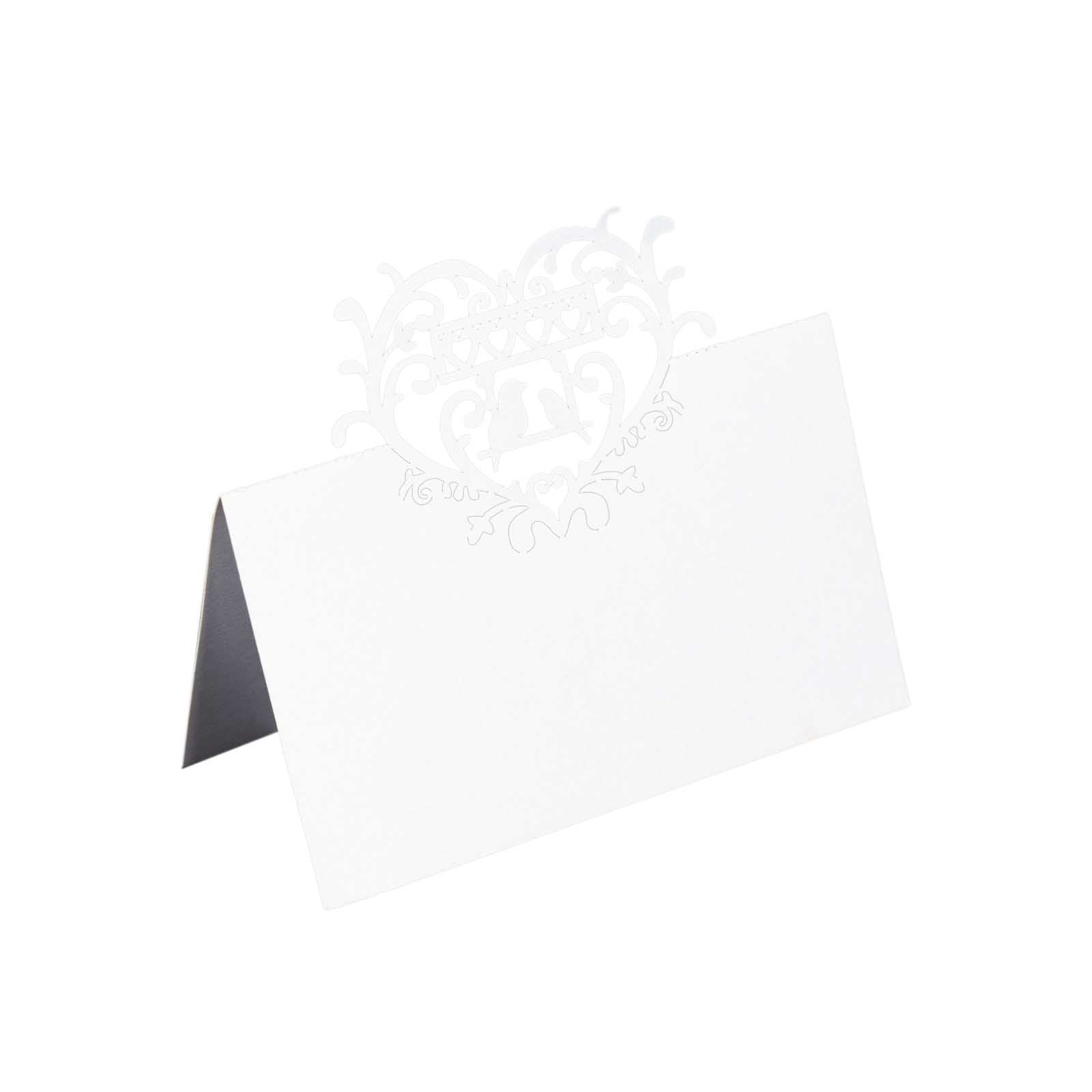 50-Pack Wedding Place Cards with Laser Cut Hollow Heart Design White - Printable Reservation Seating Tent Cards 210 GSM