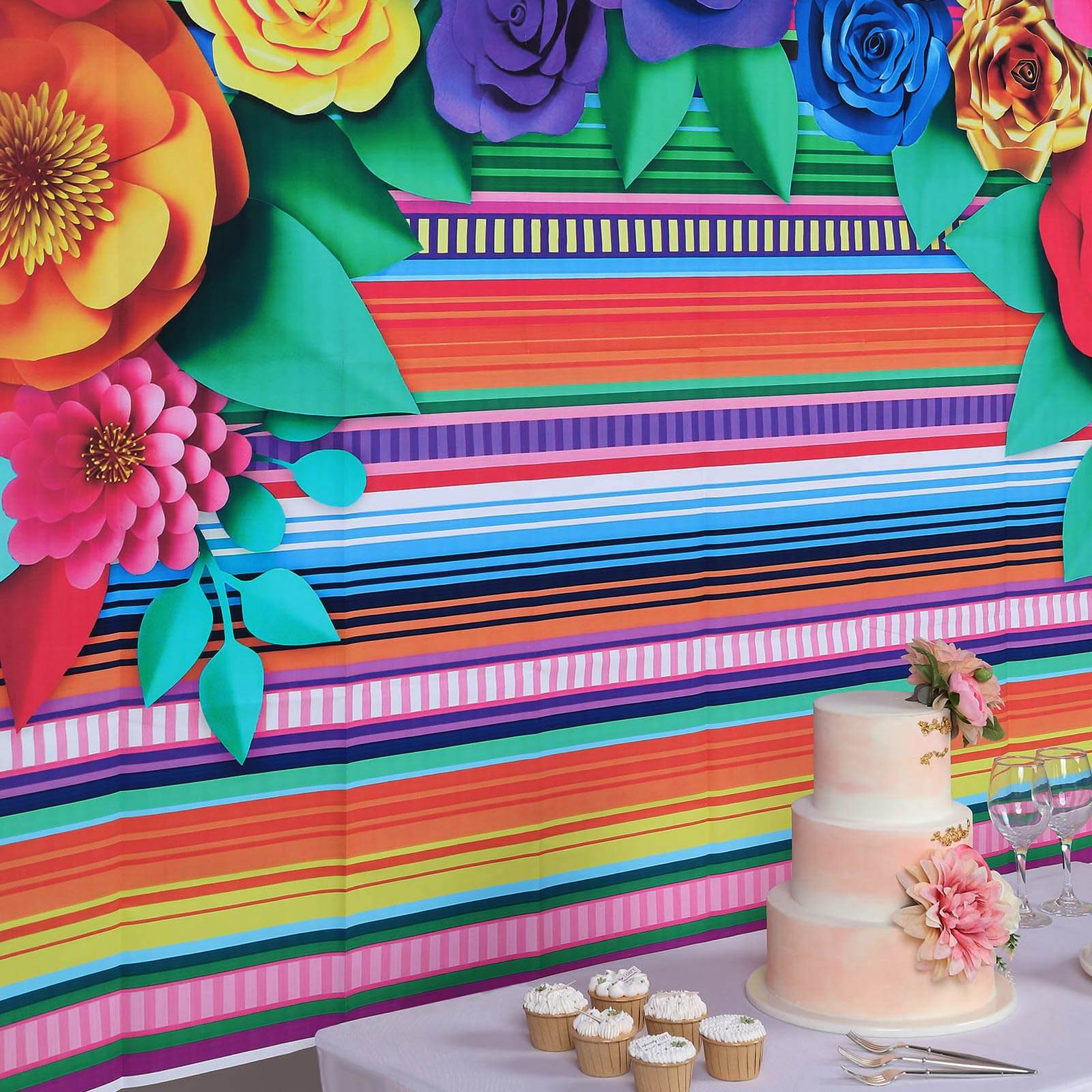 5ftx7ft Colorful Cinco De Mayo Fiesta Vinyl Photography Backdrop, Mexican Themed Multi-Color Striped Paper Flowers Photo Booth Background