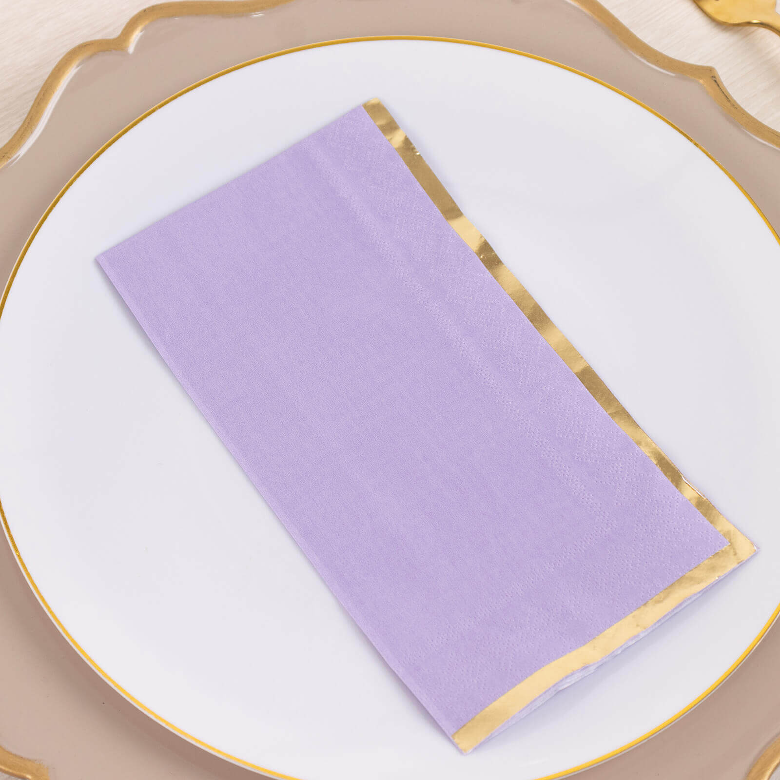 50-Pack Paper Dinner Napkins Lavender with Gold Foil Edge 2 Ply - Stylish Disposable Napkins