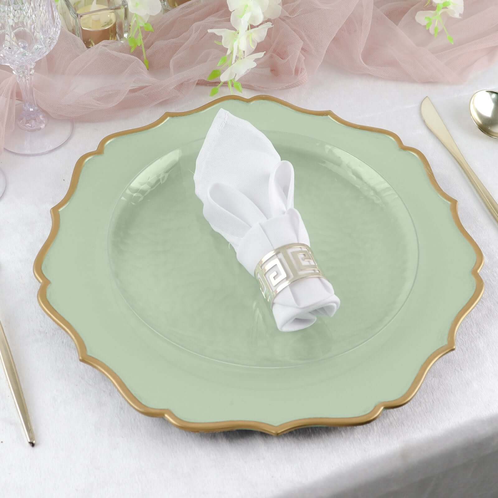 6-Pack Acrylic Round Charger Plates 13 in Sage Sage Green with Gold Scalloped Rim, Decorative Dinner Party Plastic Charger Tableware