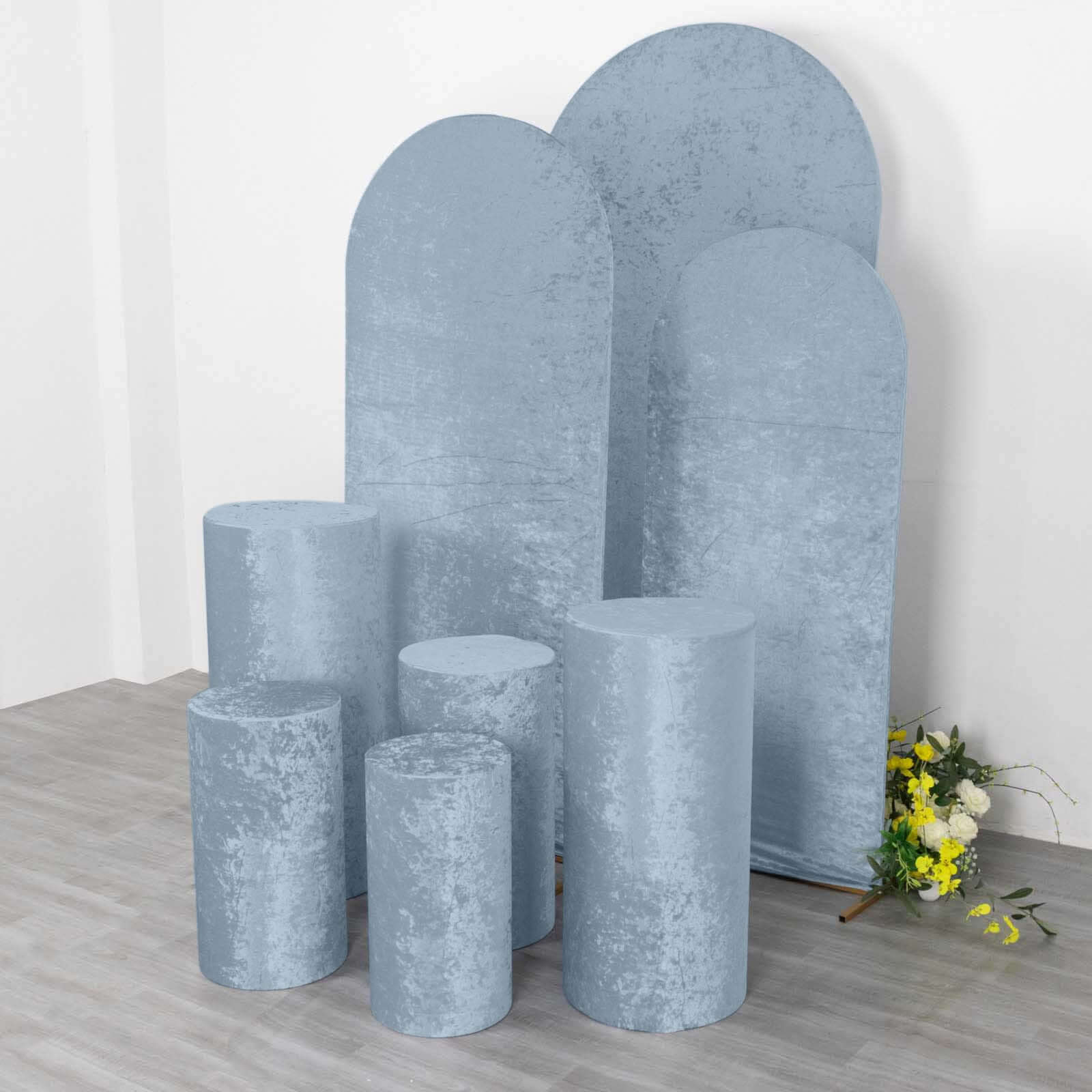 Set of 5 Dusty Blue Crushed Velvet Cylinder Pedestal Stand Covers, Premium Pillar Prop Covers