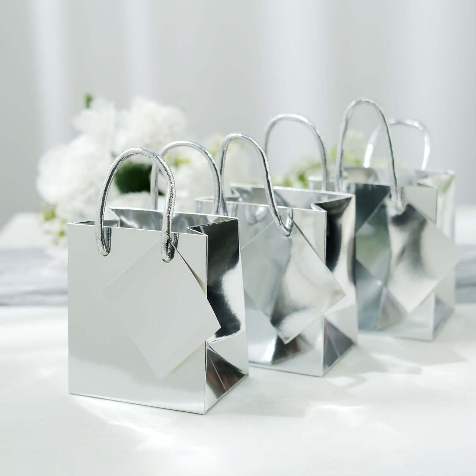 12 Pack 5 Shiny Metallic Silver Foil Paper Party Favor Bags With Handles, Small Gift Wrap Goodie Bags