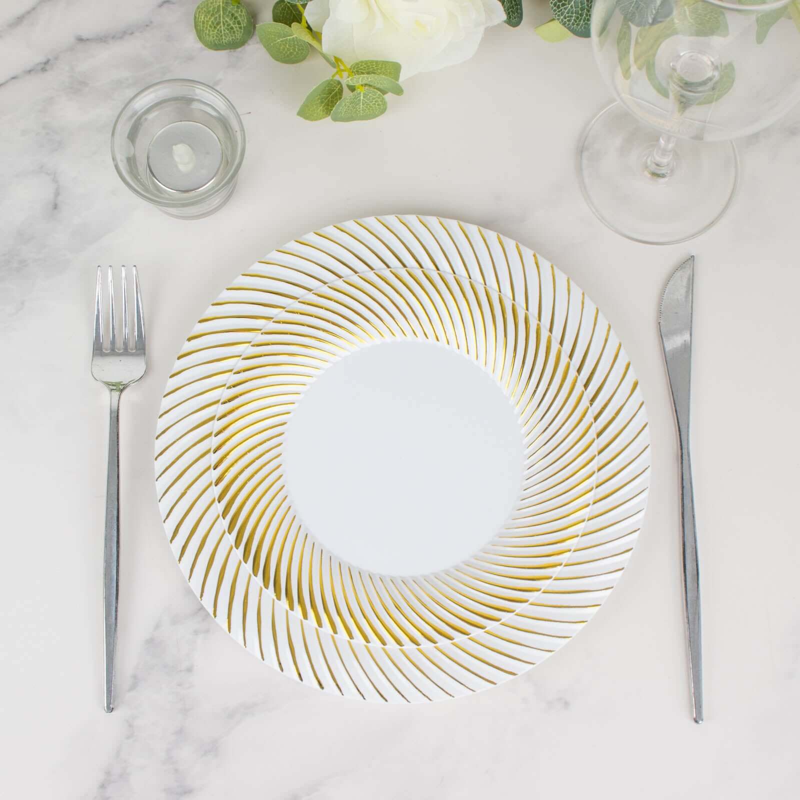 10-Pack Plastic 7 Round Dessert Plates in White with Gold Swirl Rim - Disposable Salad Plates for Classy Events & Banquets