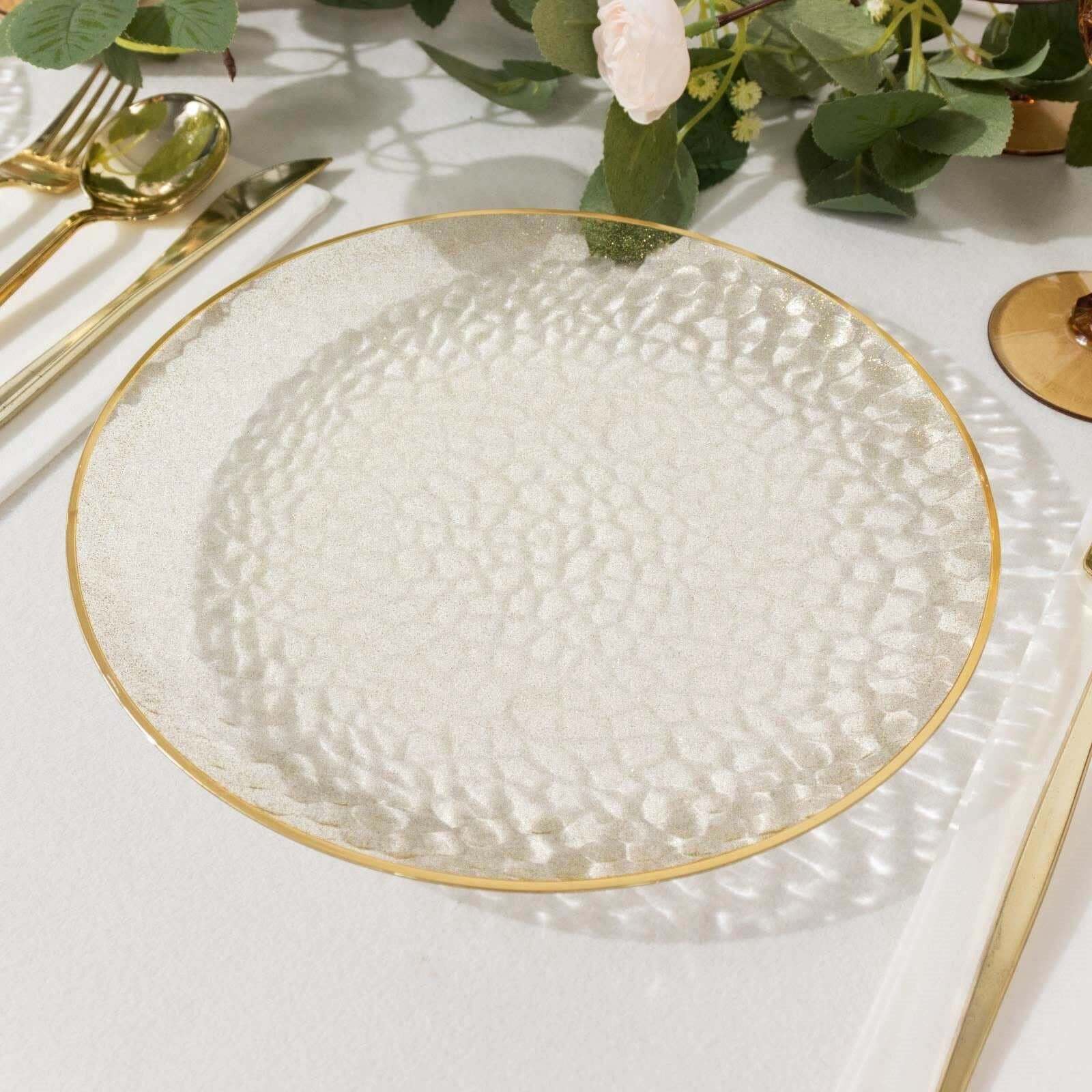 10-Pack Economy Plastic Round Charger Plates 13 in Clear Hammered Design with Glittered Gold Rim - Decorative Dinner Party Serving Plates