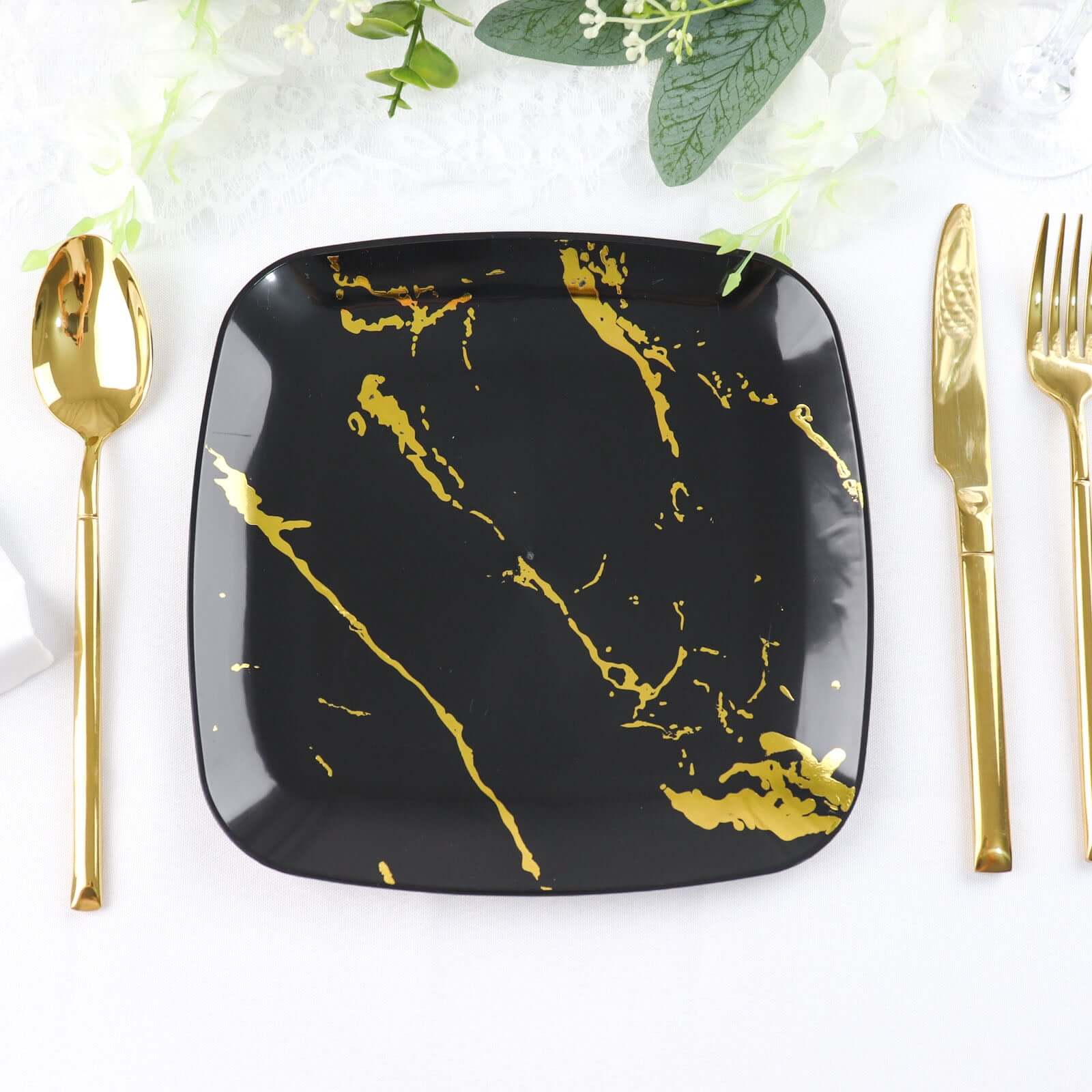 10-Pack Plastic 8 Square Dessert Plates in Black with Gold Marble Design - Disposable Appetizer Salad Party Plates