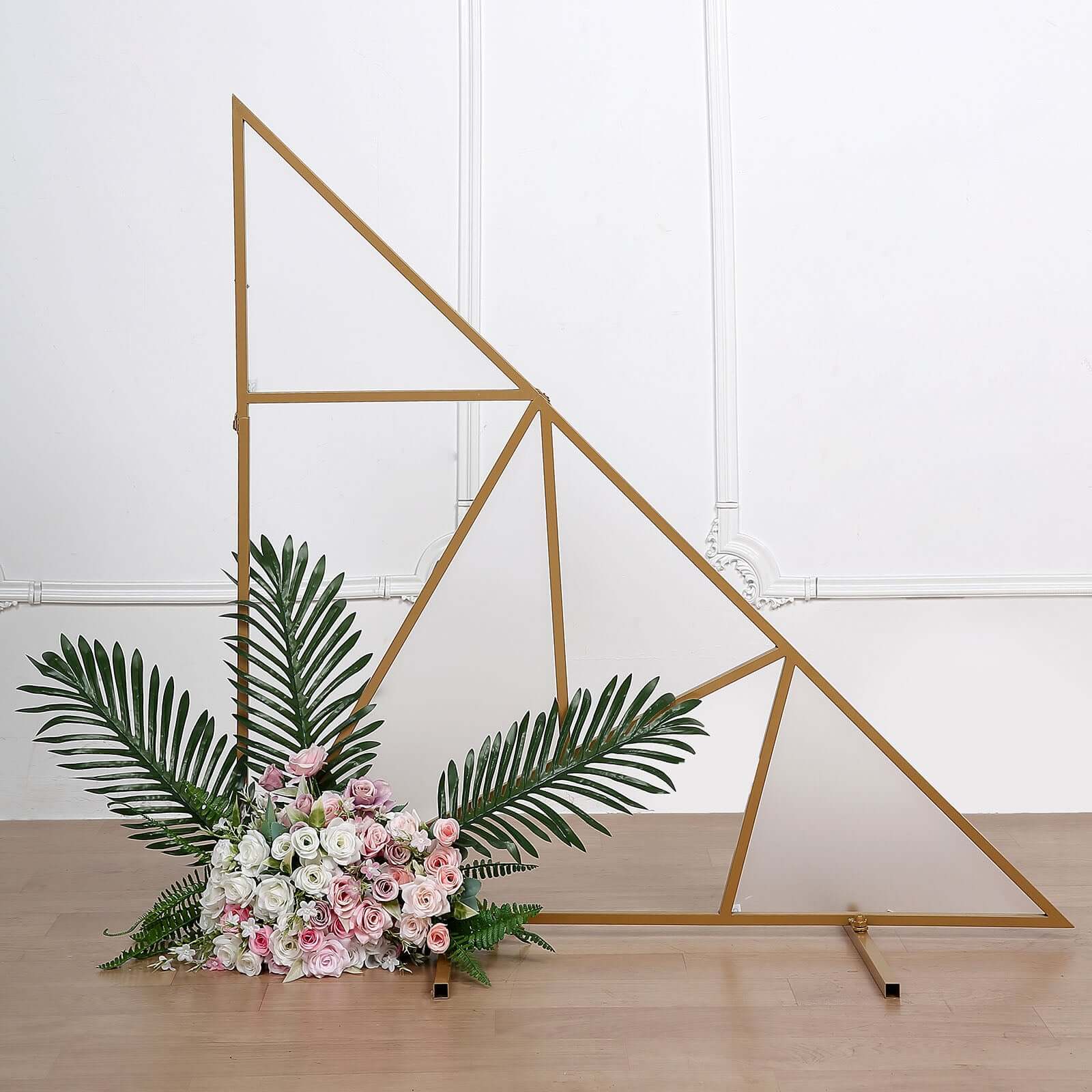 3ft Tall Gold Metal Triangular Geometric Flower Frame Prop Stand, Wedding Backdrop Floor Stand With Cloudy Film Insert