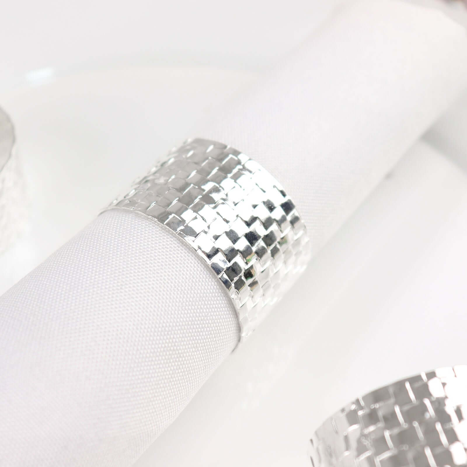 4 Pack Shiny Silver Metal Basket Weave Napkin Rings, Cloth Napkin Holders