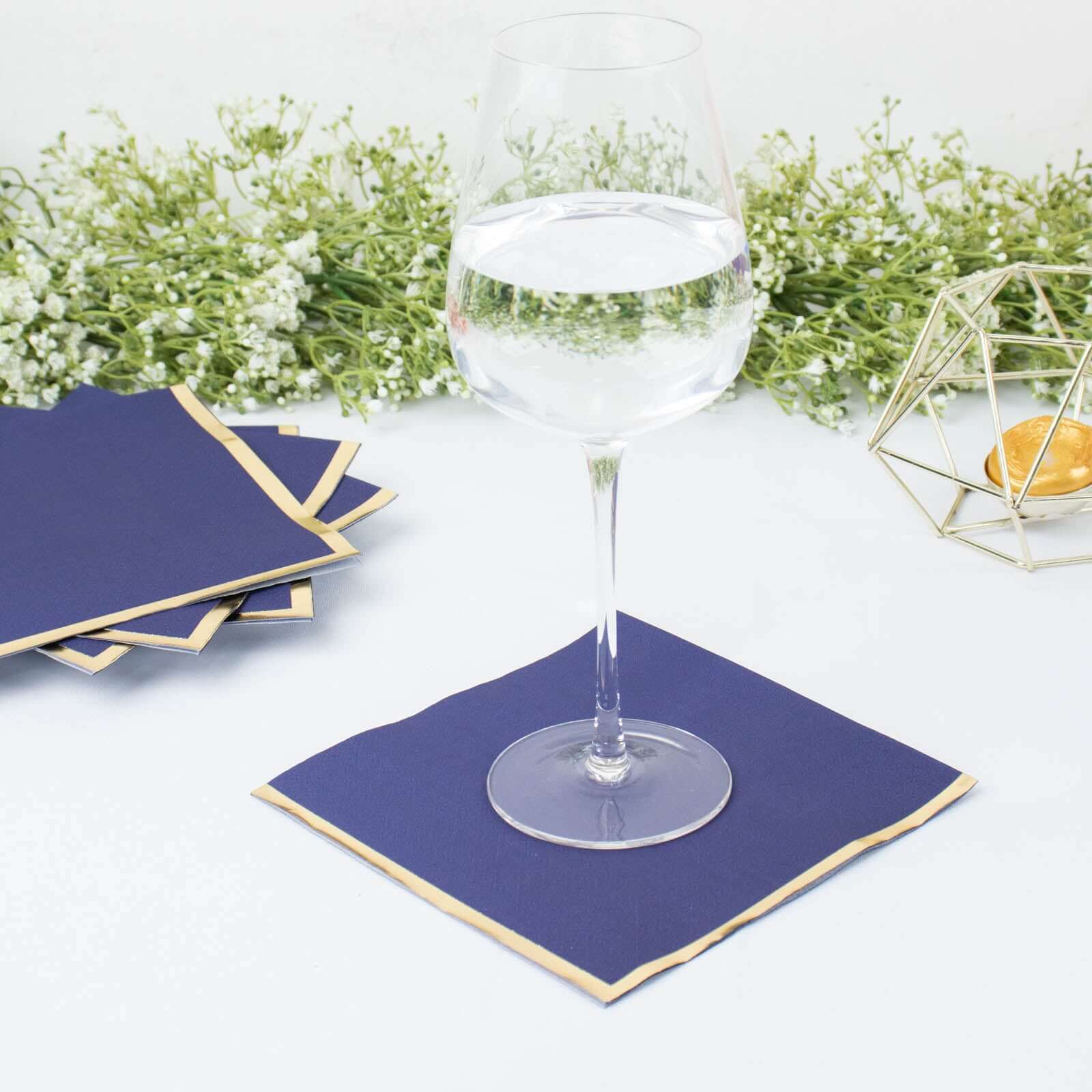 50-Pack Paper Beverage Napkins with Gold Foil Edge Navy Blue - Disposable 2 Ply Cocktail Napkins for Events 6.5x6.5