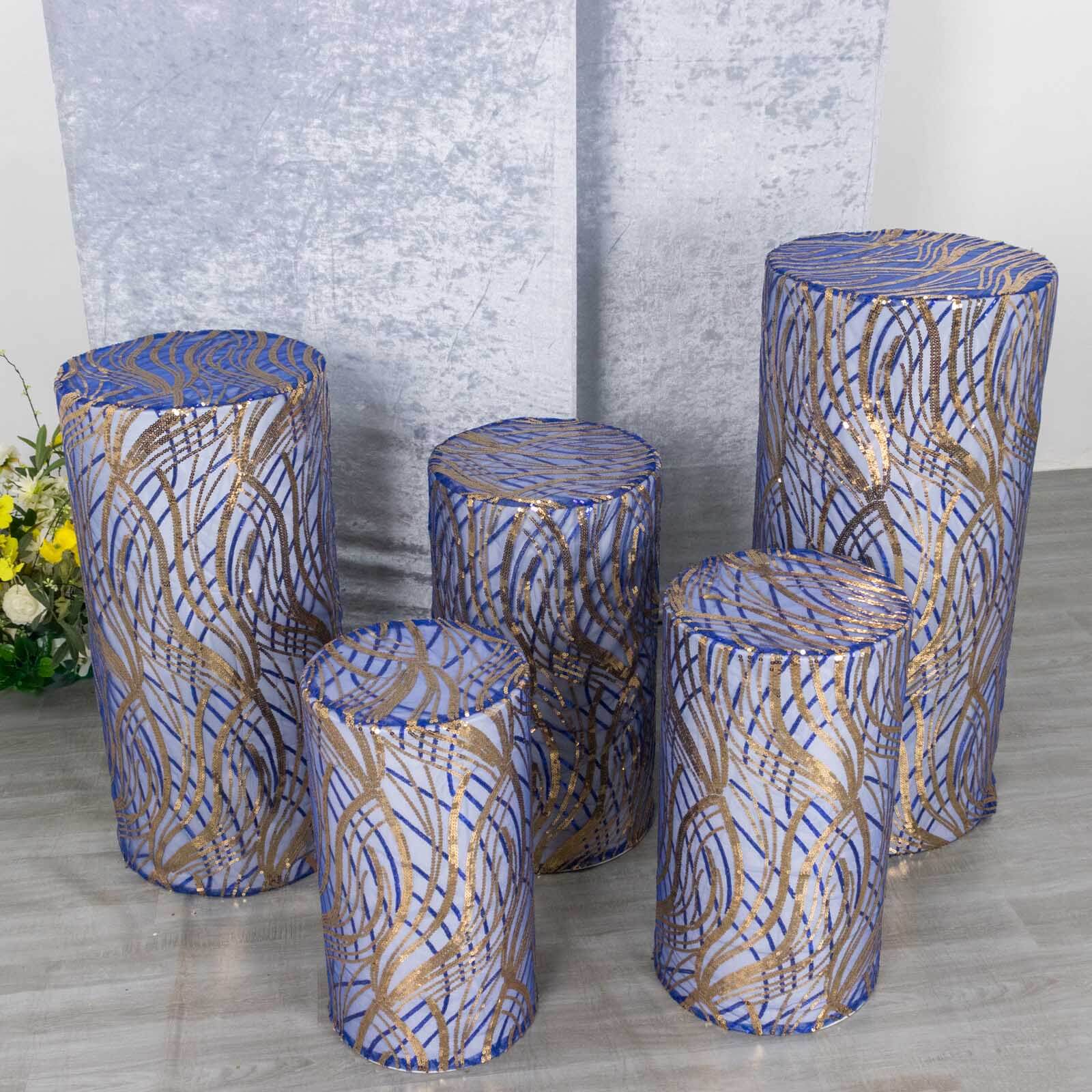 Set of 5 Royal Blue Wave Mesh Cylinder Pedestal Stand Covers with Embroidered Sequins, Pillar Prop Covers - 160 GSM