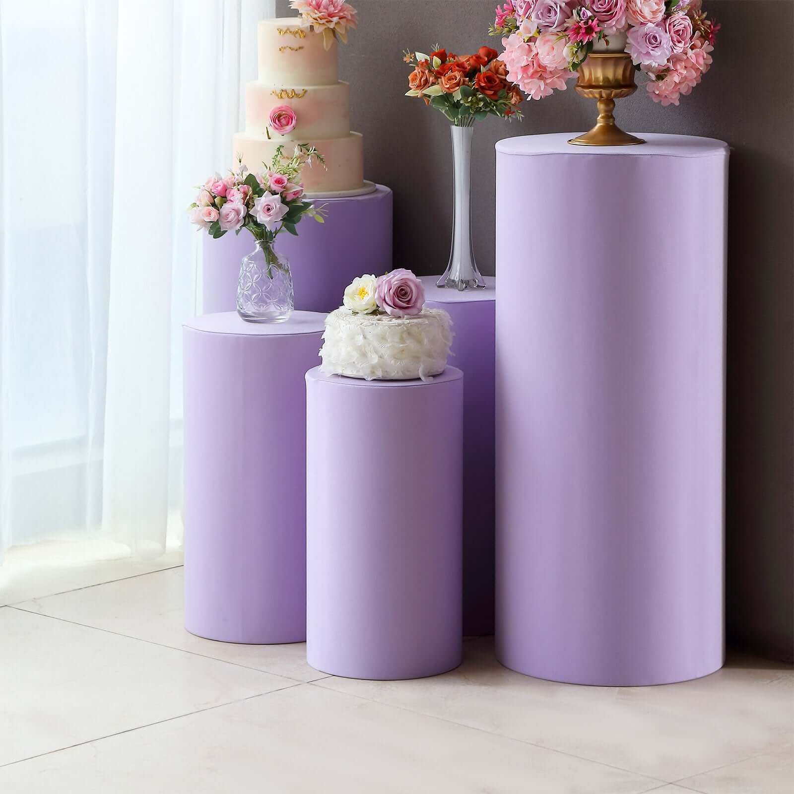 Set of 5 Lavender Lilac Spandex Cylinder Pedestal Stand Covers, Stretchable Pillar Prop Covers - 160 GSM