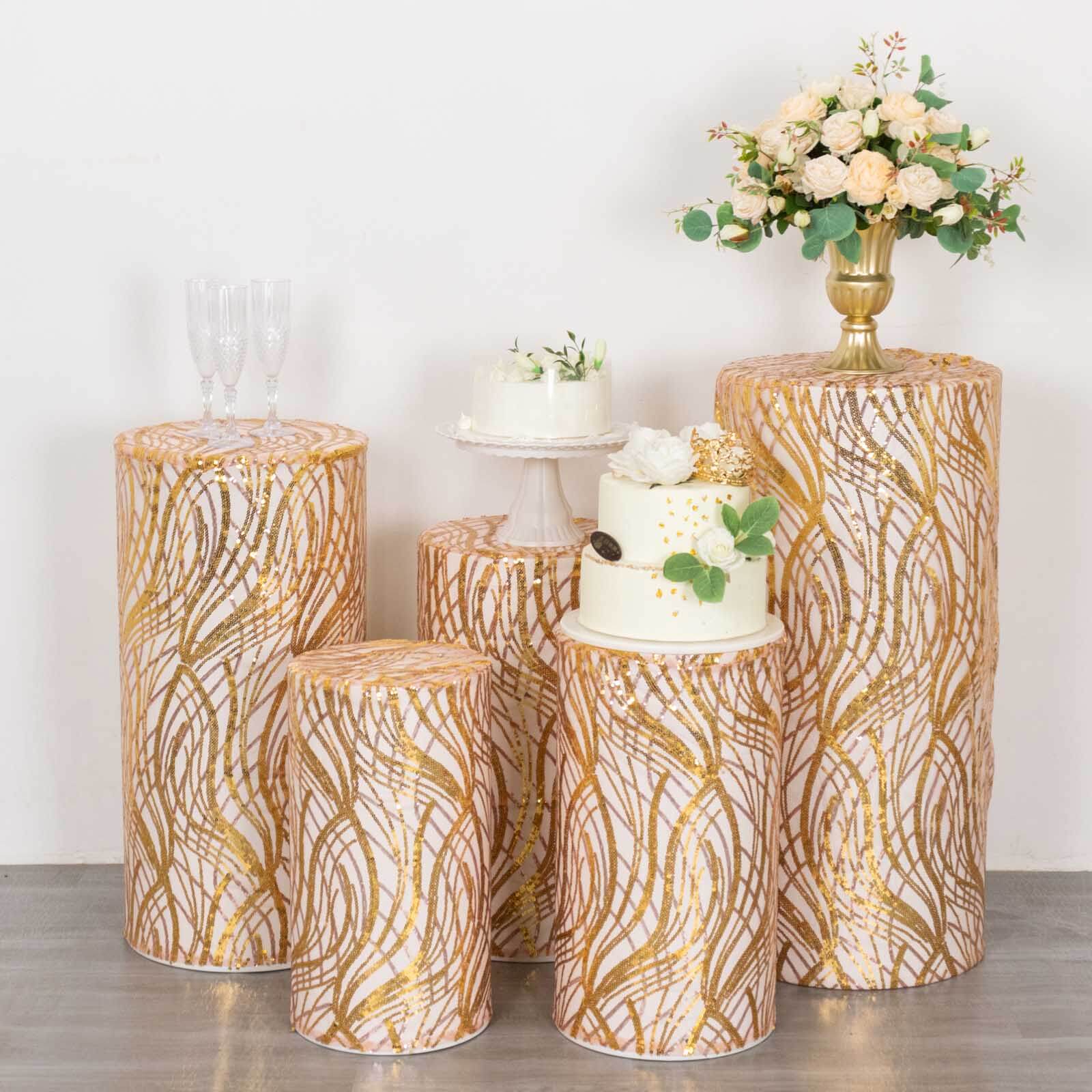 Set of 5 Rose Gold Wave Mesh Cylinder Pedestal Stand Covers with Embroidered Sequins, Pillar Prop Covers - 160 GSM