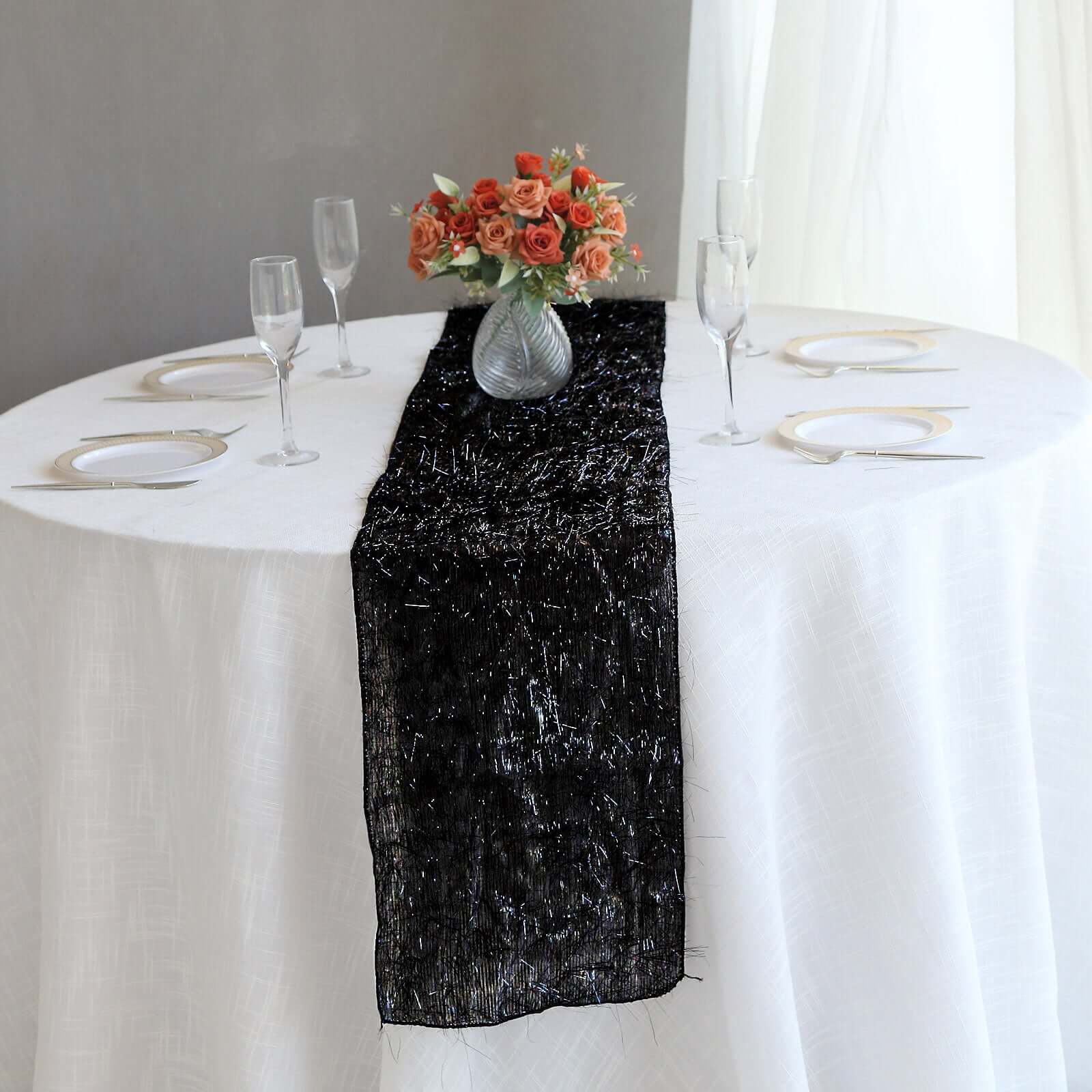 Metallic Tinsel Polyester 12x108 Table Runner Black - Shimmery Fringe Shag Table Decor