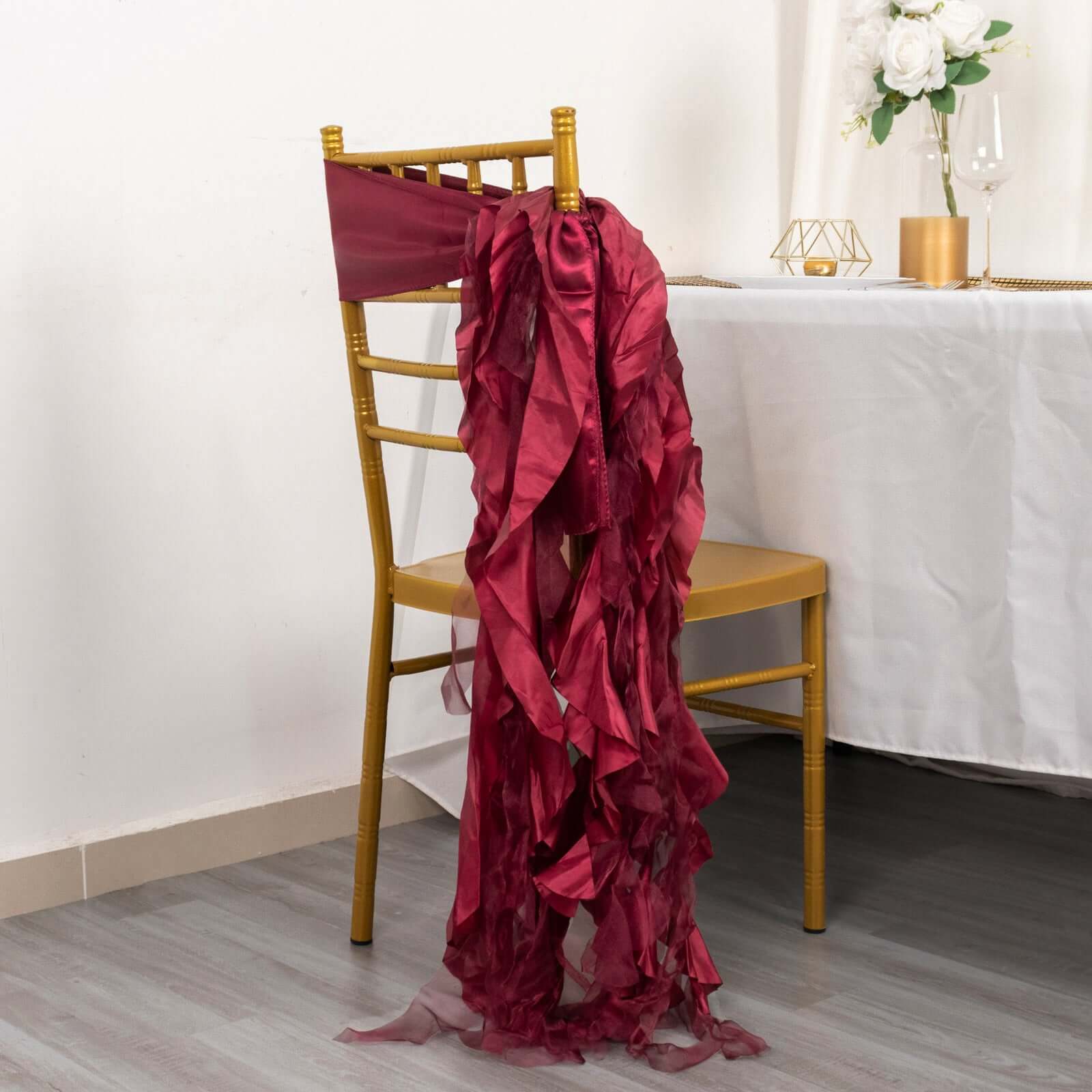 5 Pack Chiffon Satin Chair Sashes Burgundy - Easy to Install Ruffled Curly Willow