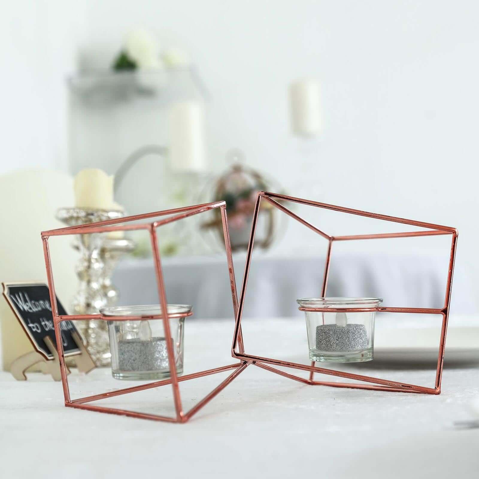 Set of Metal Candle Holders Linked Geometric Design Rose Gold - Chic Votive Glass Decor for Events & Gatherings 9