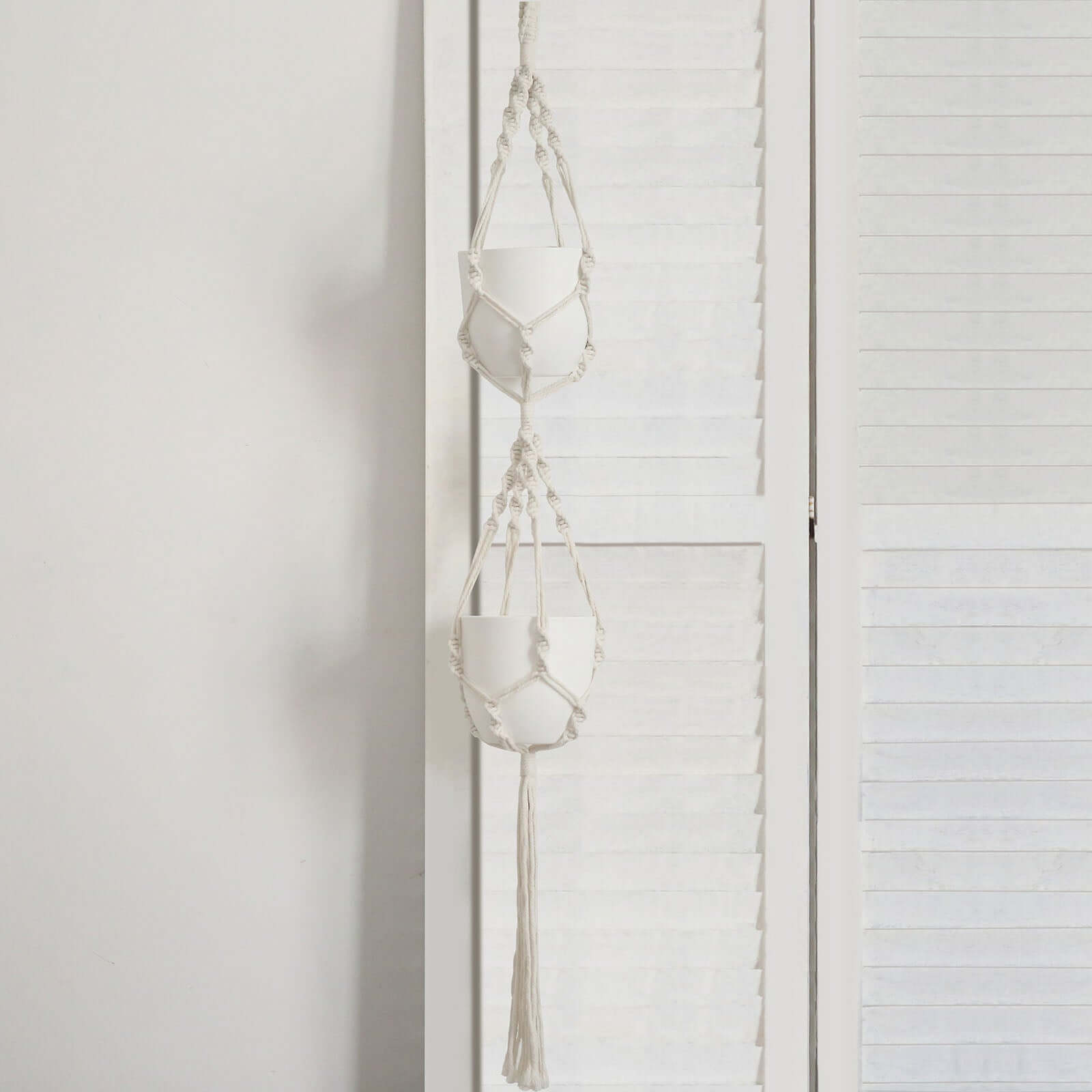 2-Tier Hanging Planter Basket with Tassels Ivory Double Boho Design - Cotton Rope Indoor Decorative Holders