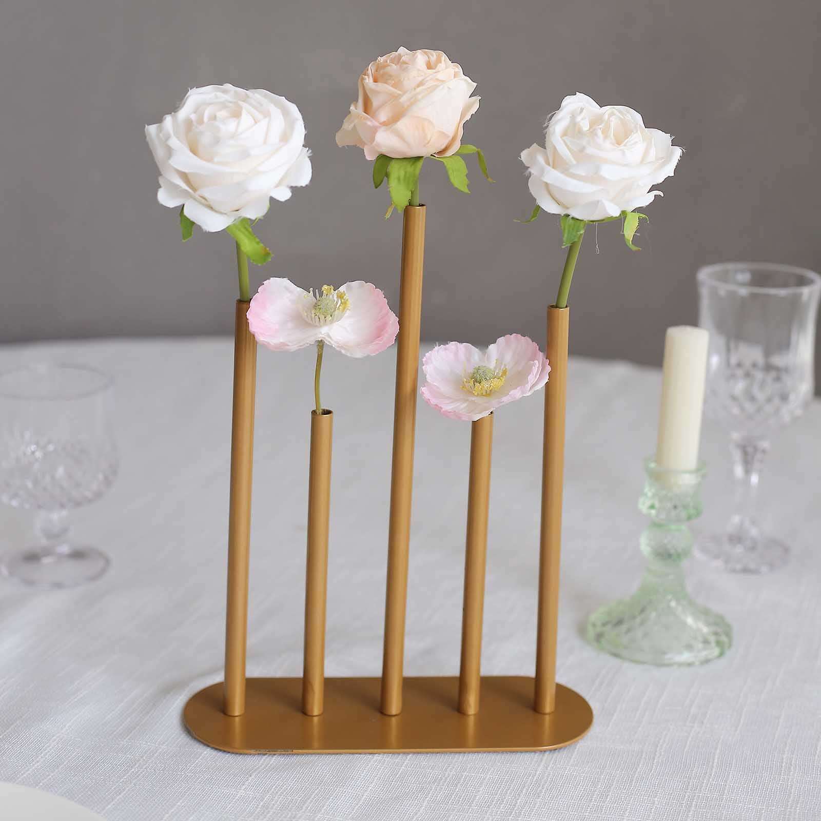 Bud Vase Gold Metal Minimalist Design with 5-Tubes - Single Stem Flower Centerpiece 10