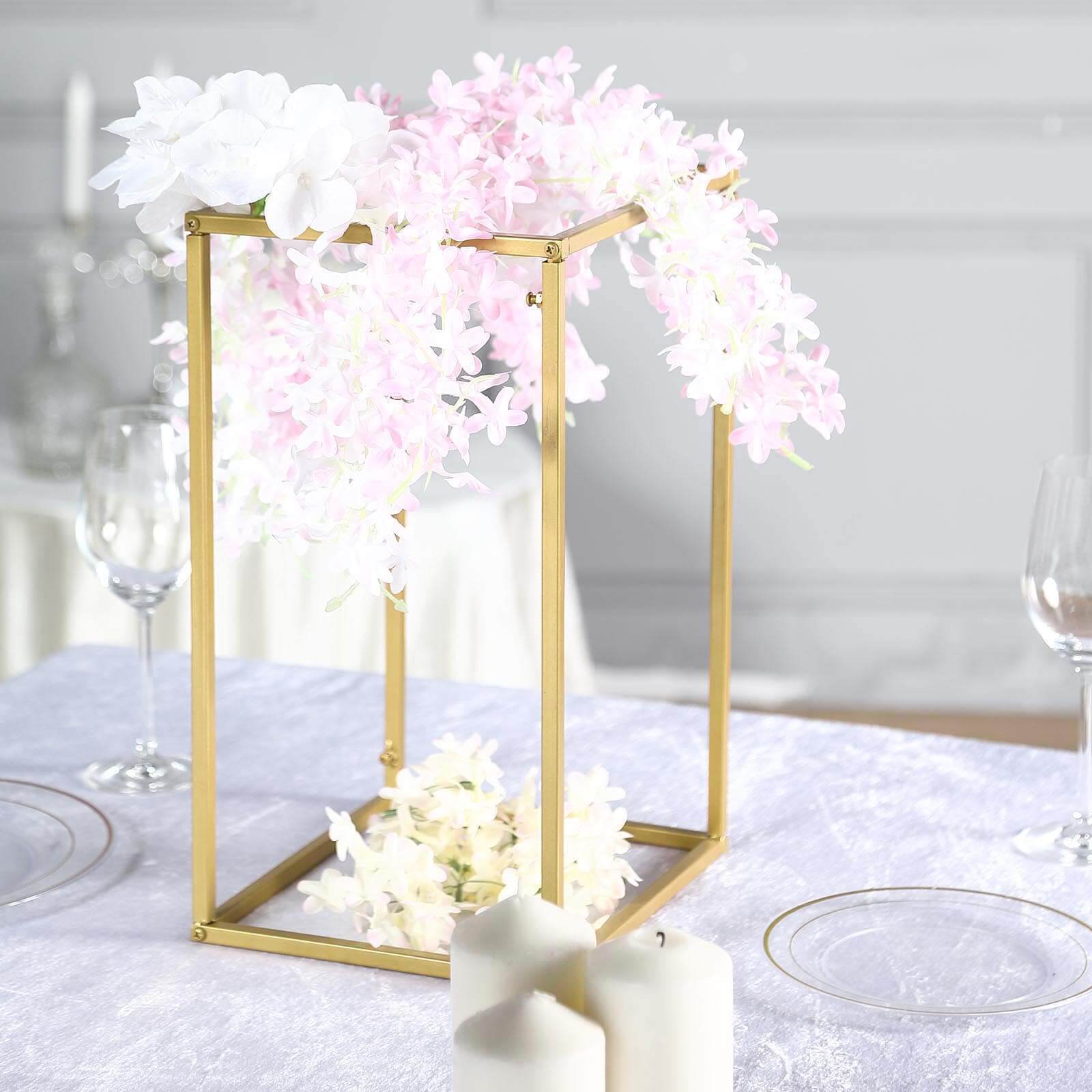 2-Pack Wedding Flower Stand Gold Metal Geometric Column Frame Rectangular - Versatile Floral Pedestal for Sophisticated Arrangements 16