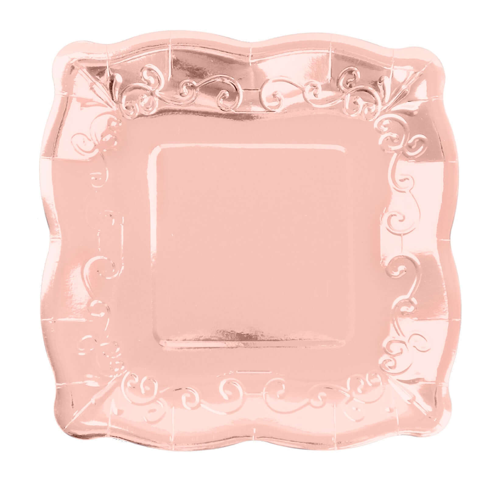 25-Pack Paper 11 Square Dinner Plates in Blush Rose Gold with Vintage Pottery Embossed Design - Shiny Metallic Disposable Serving Plates