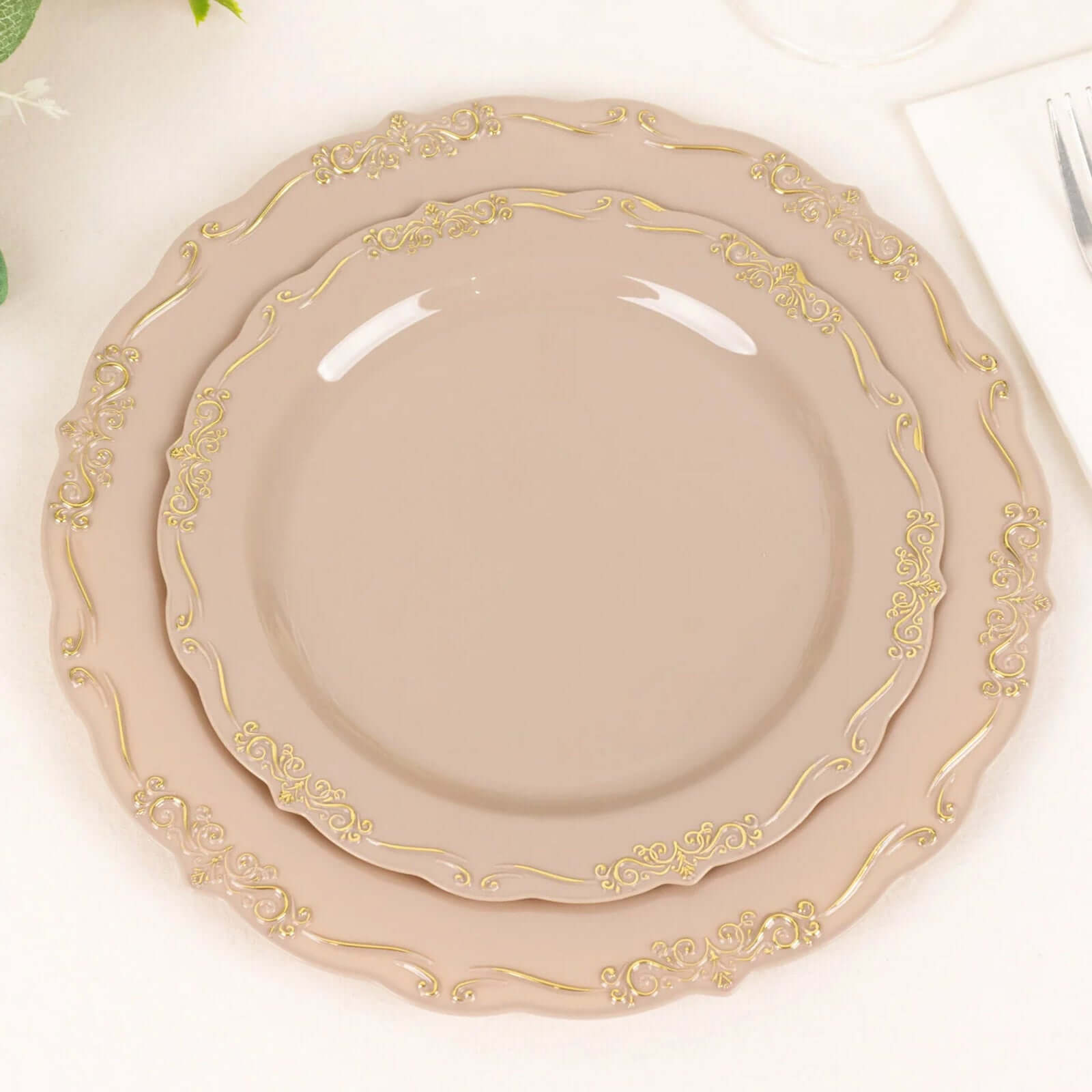 10-Pack Plastic 7 Round Dessert Plates in Taupe with Gold Vintage Embossed Rim - Sturdy Disposable Scalloped Edge Salad Plates